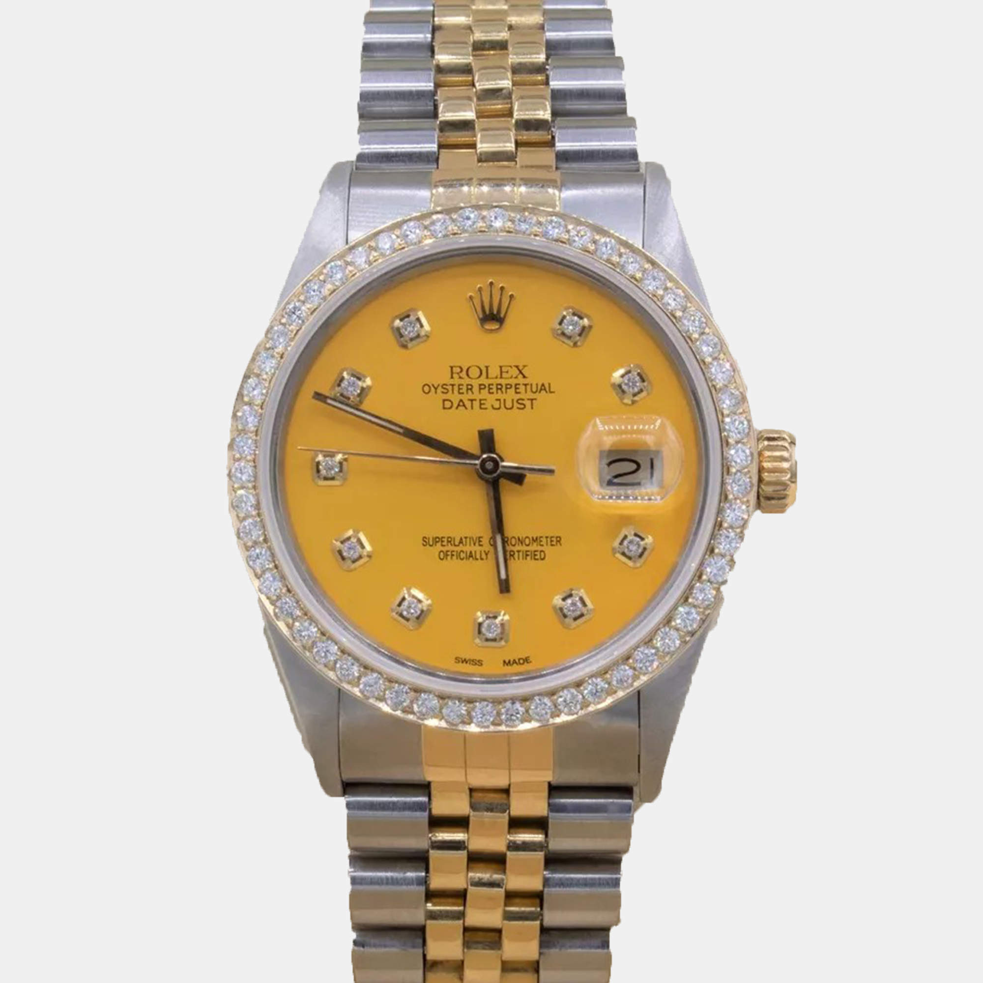 Rolex Customised Silver 1.15CT Diamond 18K Yellow Gold Datejust  Automatic Men's Wristwatch 36mm