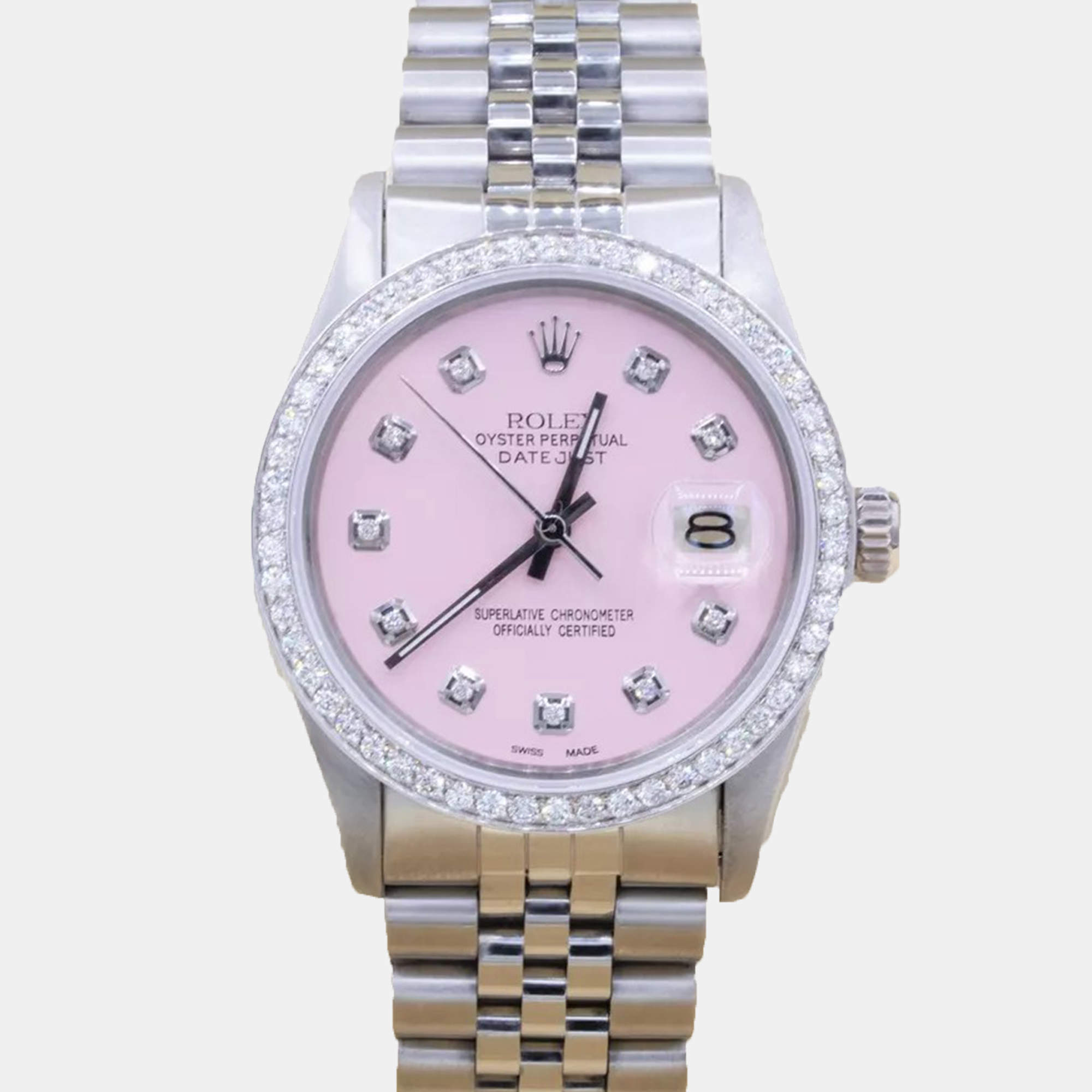 Rolex Customised Pink 1.15CT Diamond Stainless Steel Datejust  Automatic Men's Wristwatch 36mm
