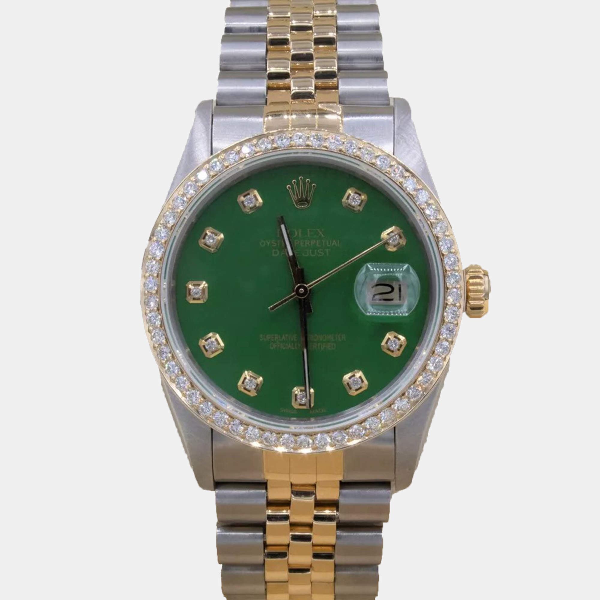 Rolex Customised Green 1.15CT Diamond 18K Yellow Gold Datejust  Automatic Men's Wristwatch 36mm