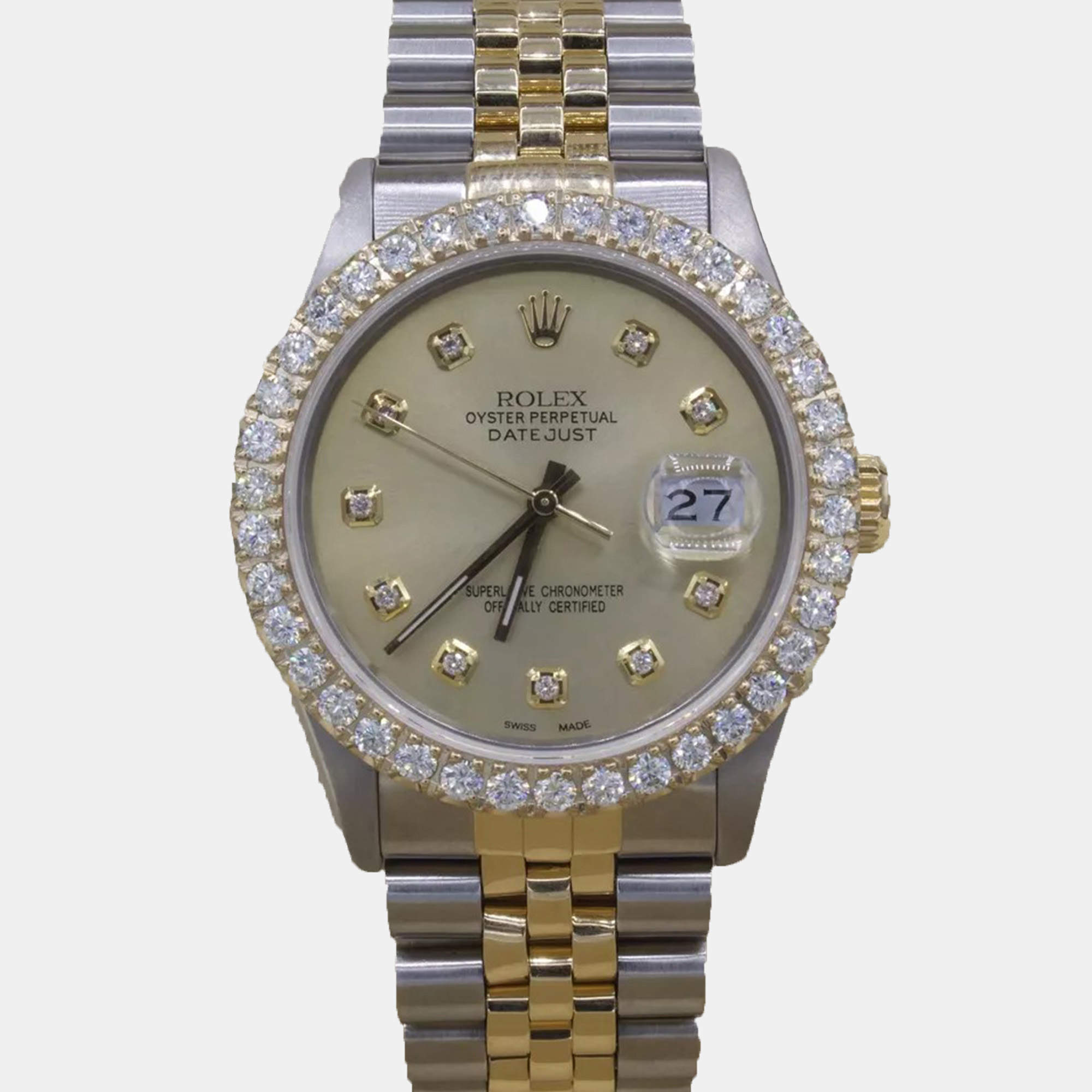 Rolex Customised Champagne 3CT Diamond 18K Yellow Gold Datejust  Automatic Men's Wristwatch 36mm