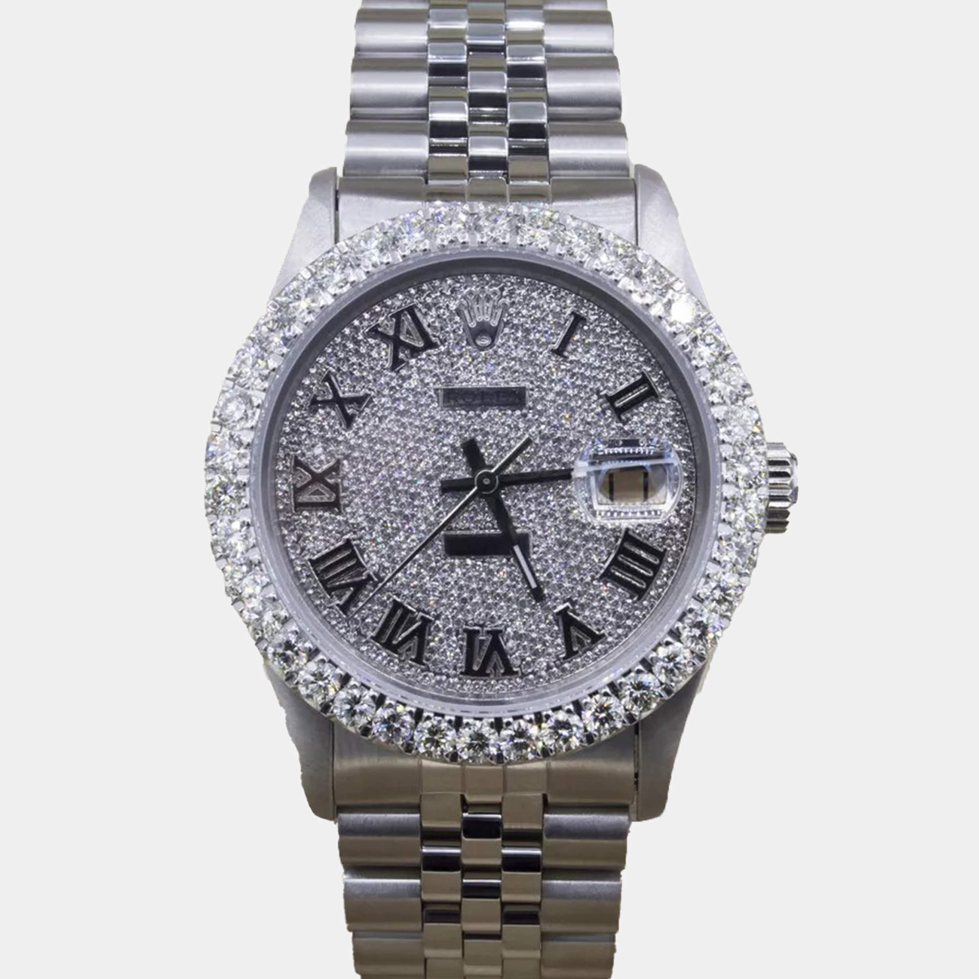 Rolex Customised Silver 5CT Diamond Stainless Steel Datejust  Automatic Men's Wristwatch 36mm