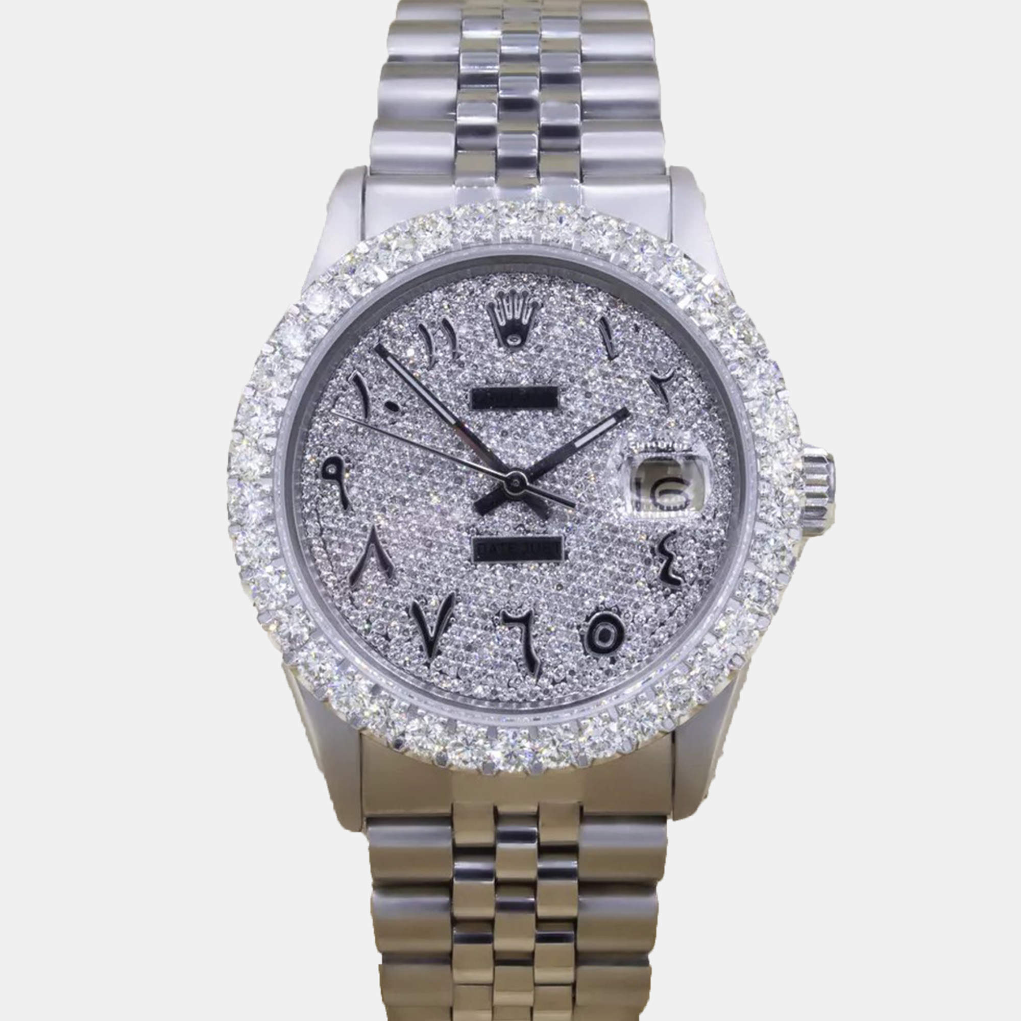 Rolex Customised Silver 5CT Diamond Stainless Steel Datejust  Automatic Men's Wristwatch 36mm
