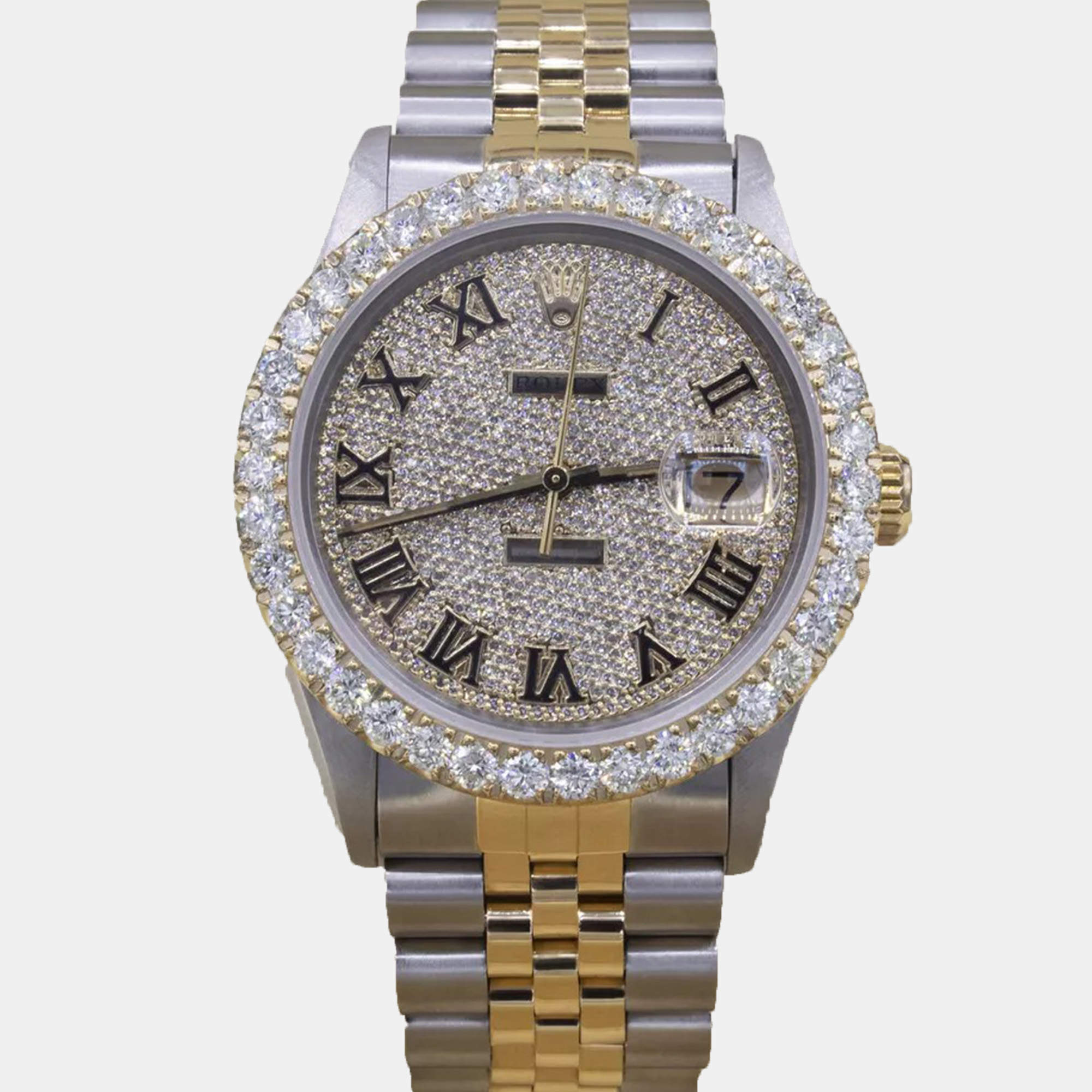 Rolex Customised Silver 5CT Diamond 18K Yellow Gold Stainless Steel Datejust  Automatic Men's Wristwatch 36mm