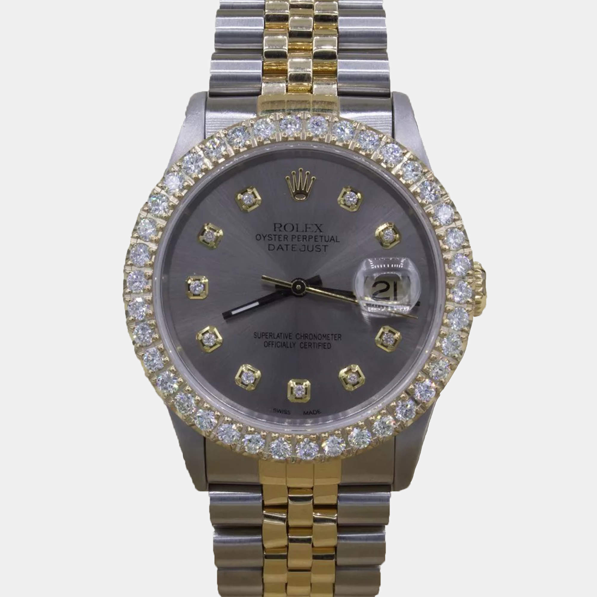 Rolex Customised Grey 3CT Diamond 18K Yellow Gold Datejust  Automatic Men's Wristwatch 36mm
