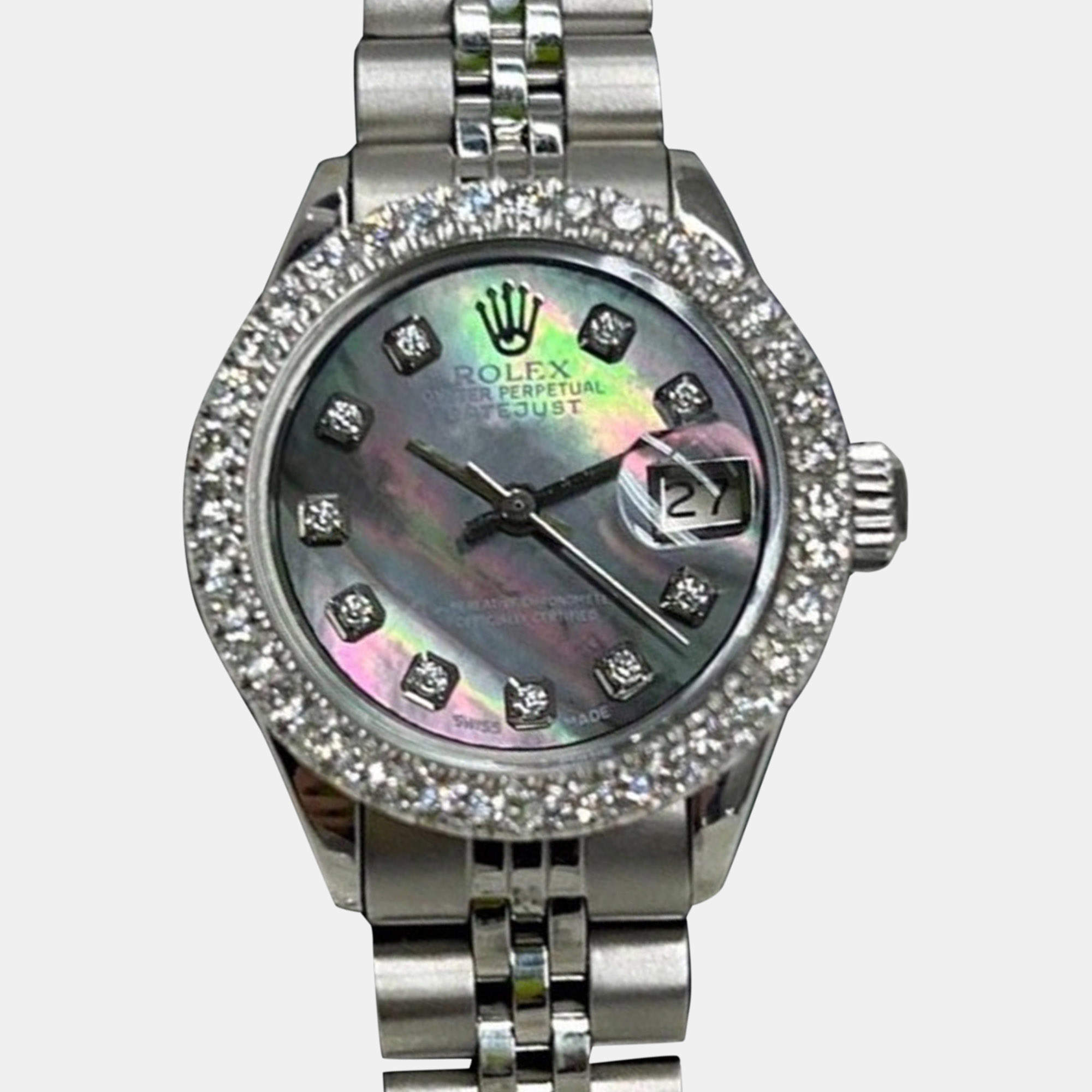 Pre Owned Rolex Customised Black MOP Diamond Stainless Steel Datejust 69173 Automatic Women's Wristwatch 26mm