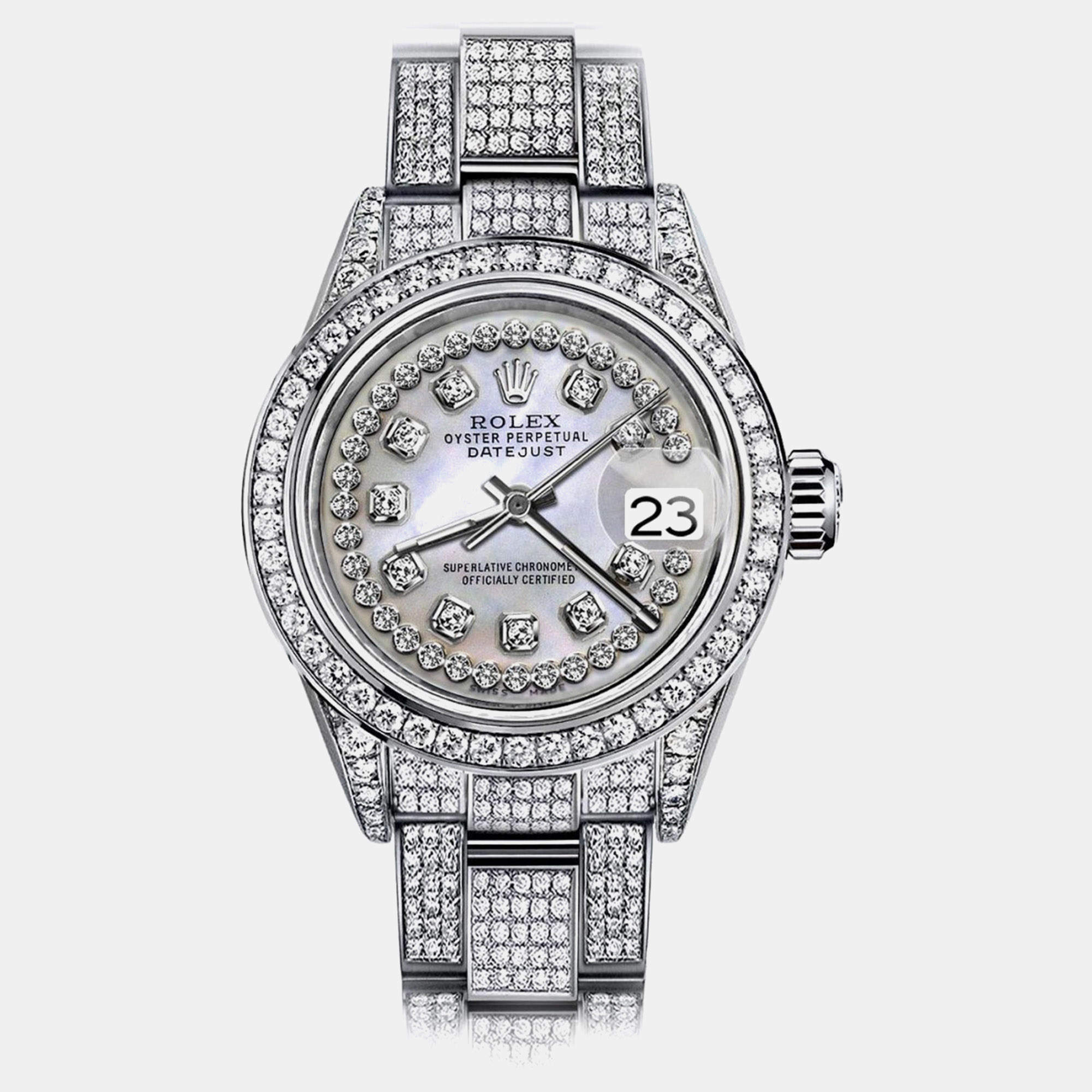 Rolex Customised White Pearl Diamond Stainless Steel Datejust 178274 Automatic Women's Wristwatch 31mm
