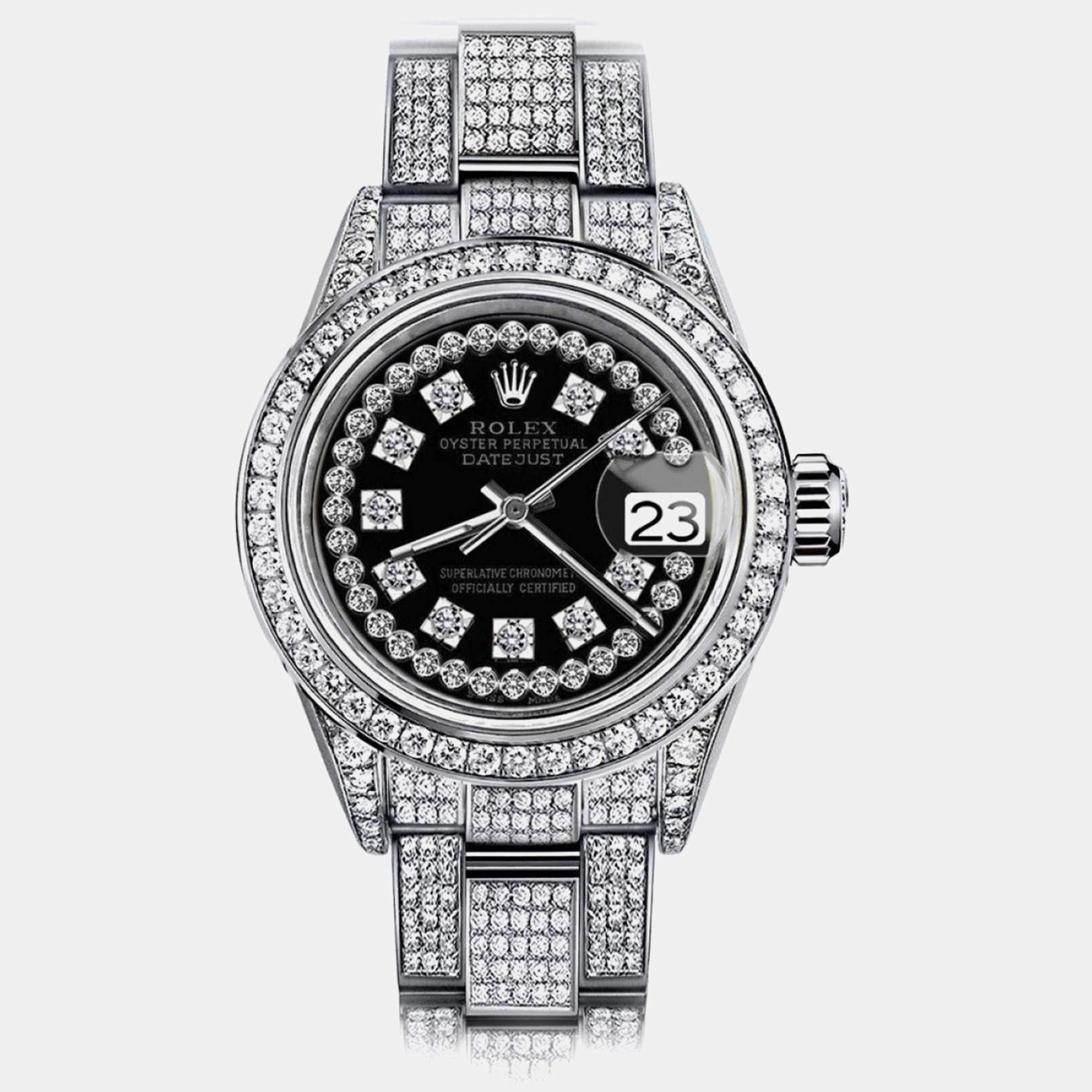 Rolex Customised Black Diamond Stainless Steel Datejust 178274 Automatic Women's Wristwatch 31mm