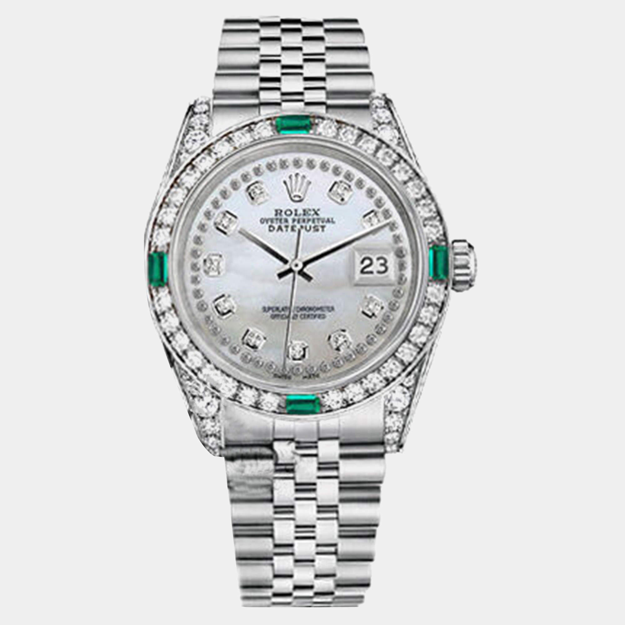 Rolex White MOP Diamond Stainless Steel Datejust 16014 Automatic Men's Wristwatch 36mm