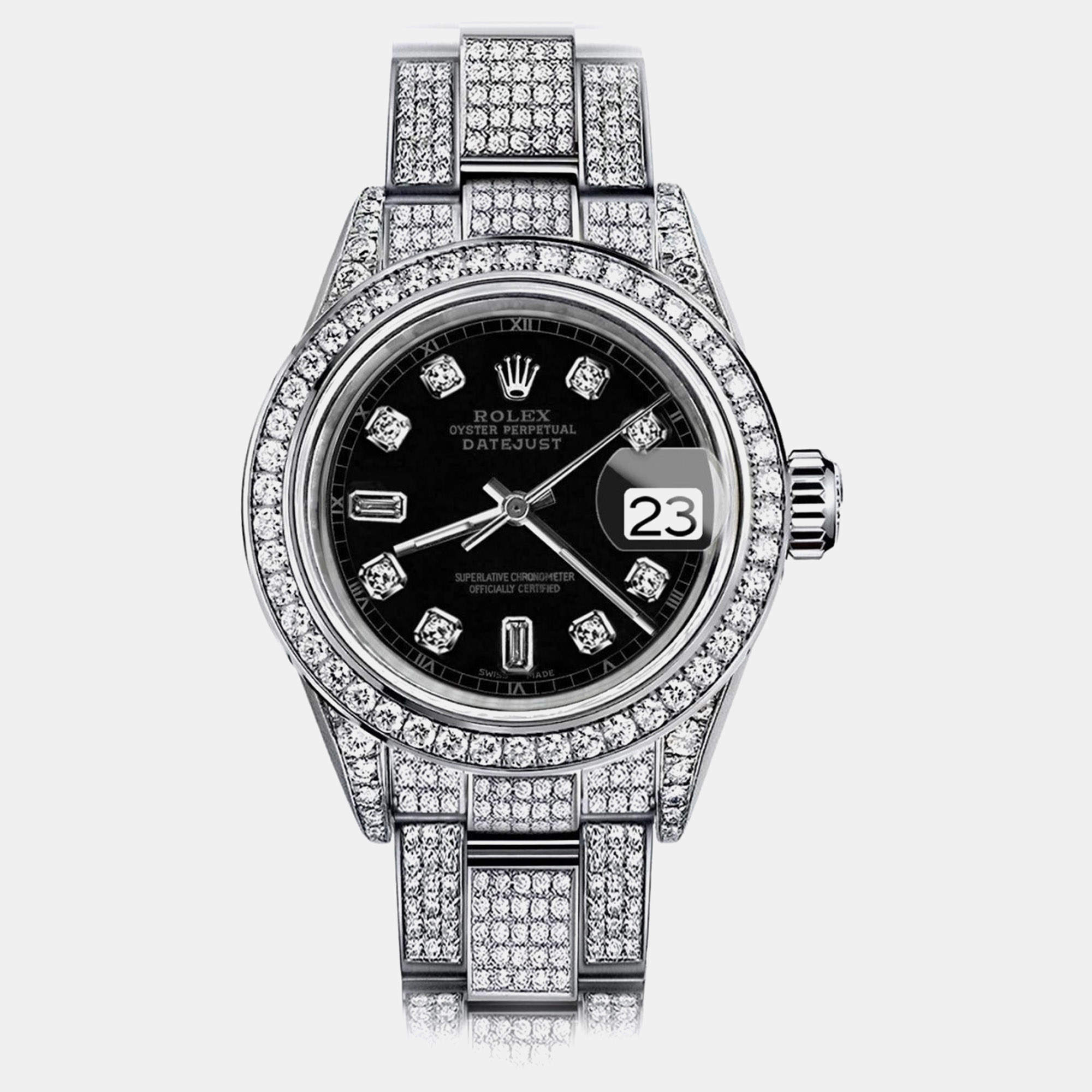 Rolex Customised Black Diamond Stainless Steel Datejust 179174 Automatic Women's Wristwatch 26mm