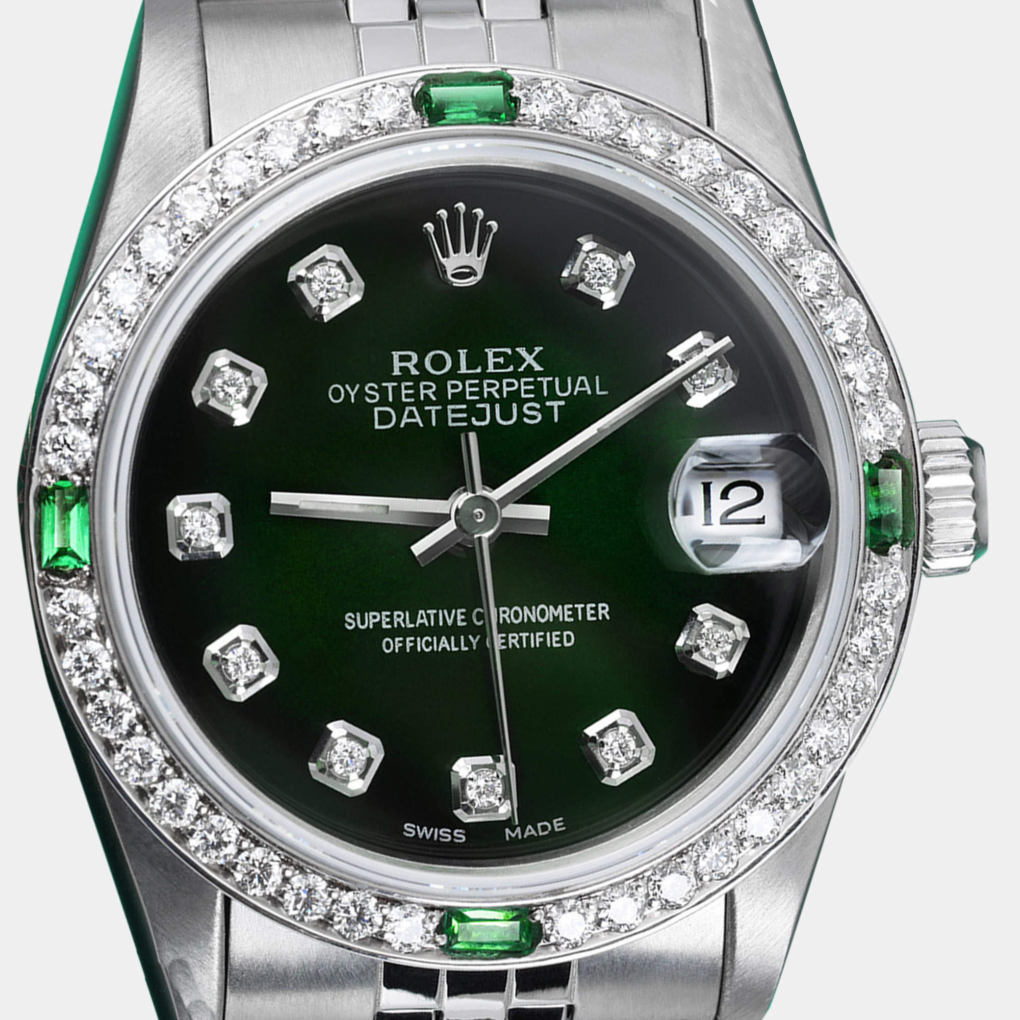 Rolex Customised Green Diamond Stainless Steel Datejust  Automatic Women's Wristwatch 31mm