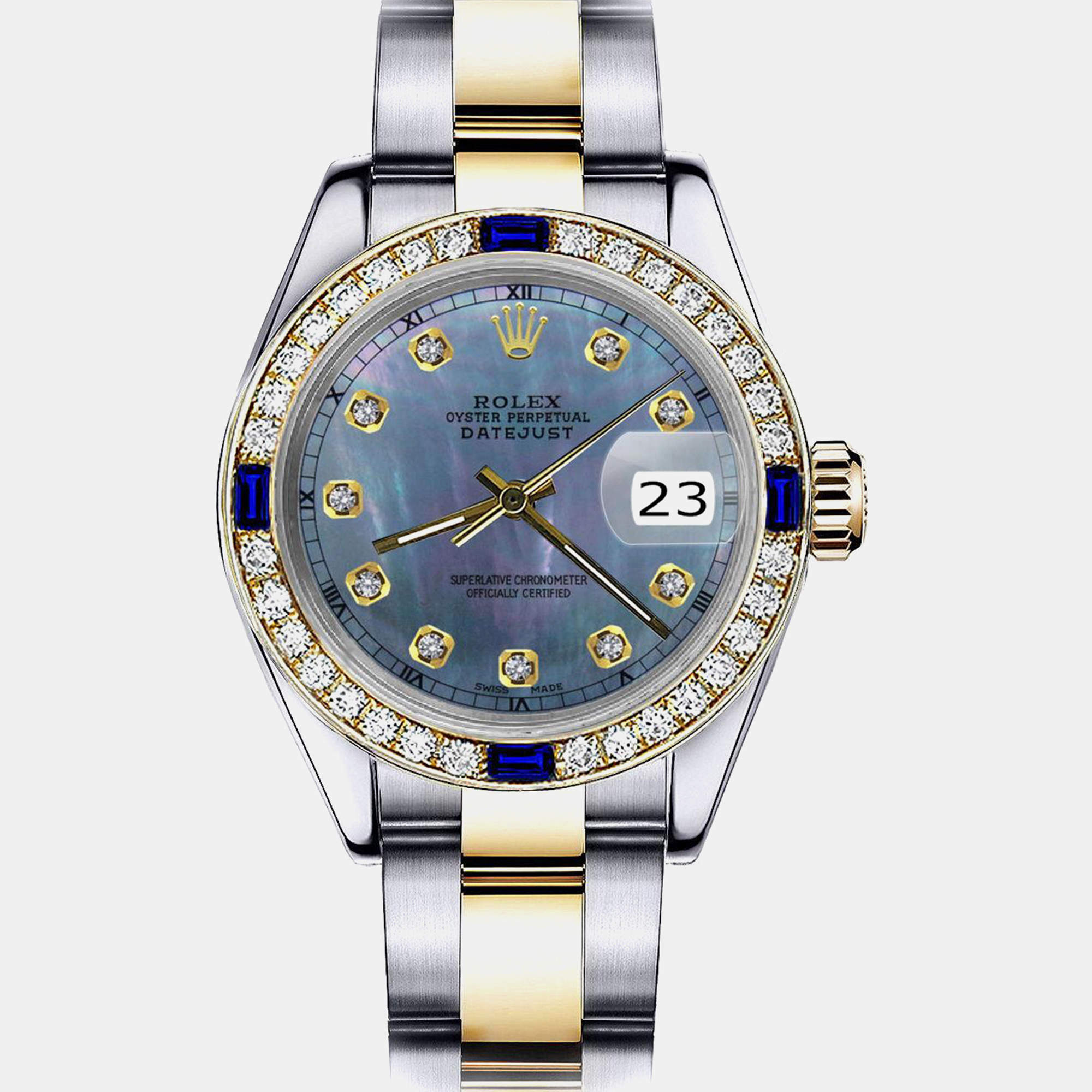 Rolex Customised Black MOP Diamond Stainless Steel Datejust 179173 Automatic Women's Wristwatch 26mm