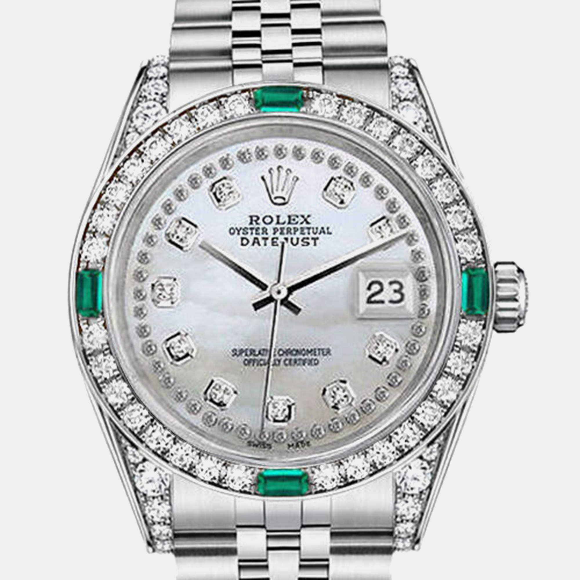 Rolex Customised White MOP Diamond Stainless Steel Datejust 68274 Automatic Women's Wristwatch 31mm