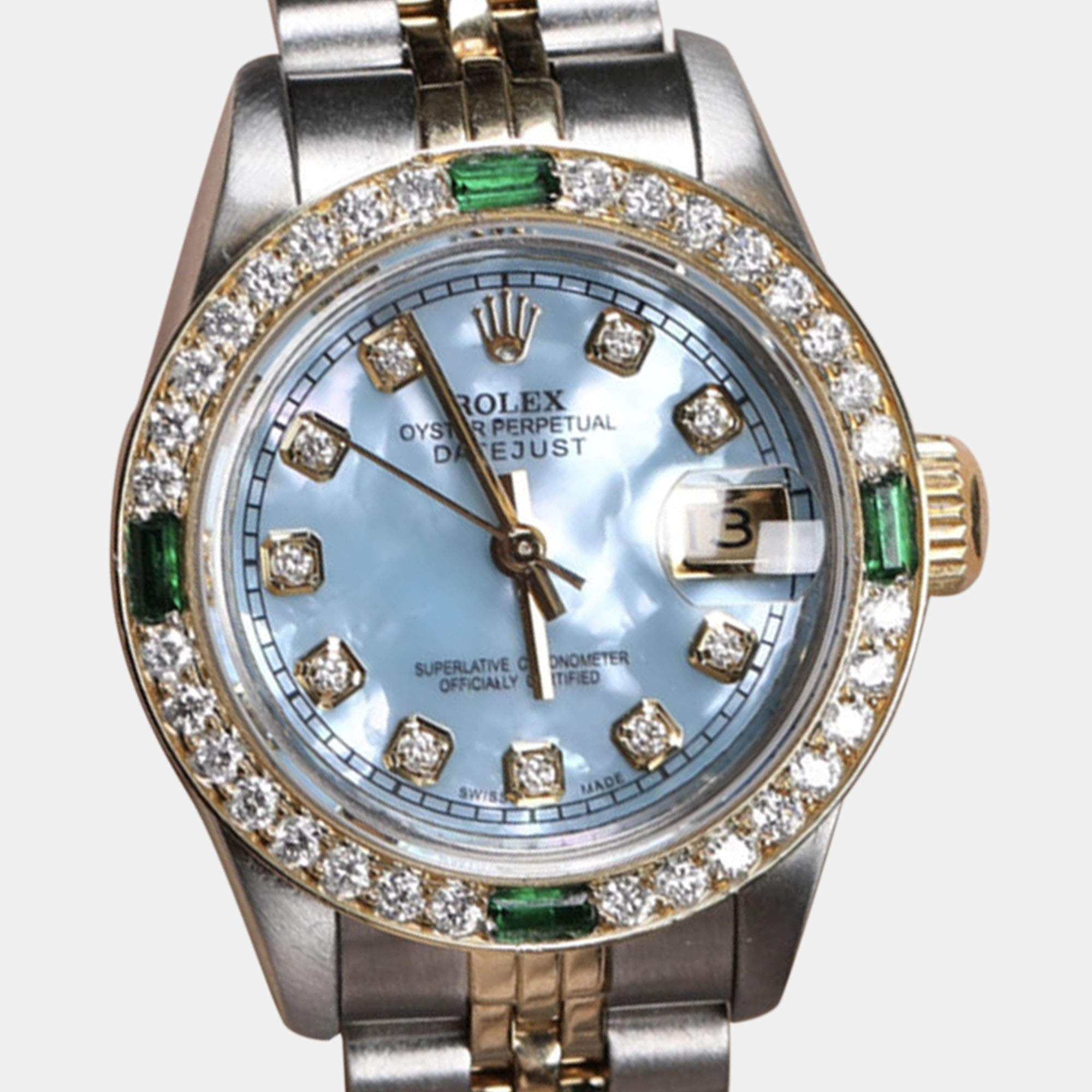 Rolex Customised Blue Diamond 18K Yellow Gold Datejust 69173 Automatic Women's Wristwatch 26mm