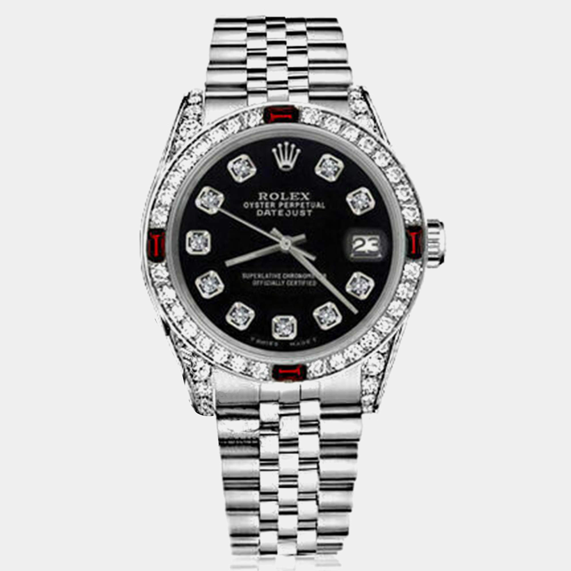 Rolex Customised Black Diamond Stainless Steel Datejust 68274 Automatic Women's Wristwatch 31mm