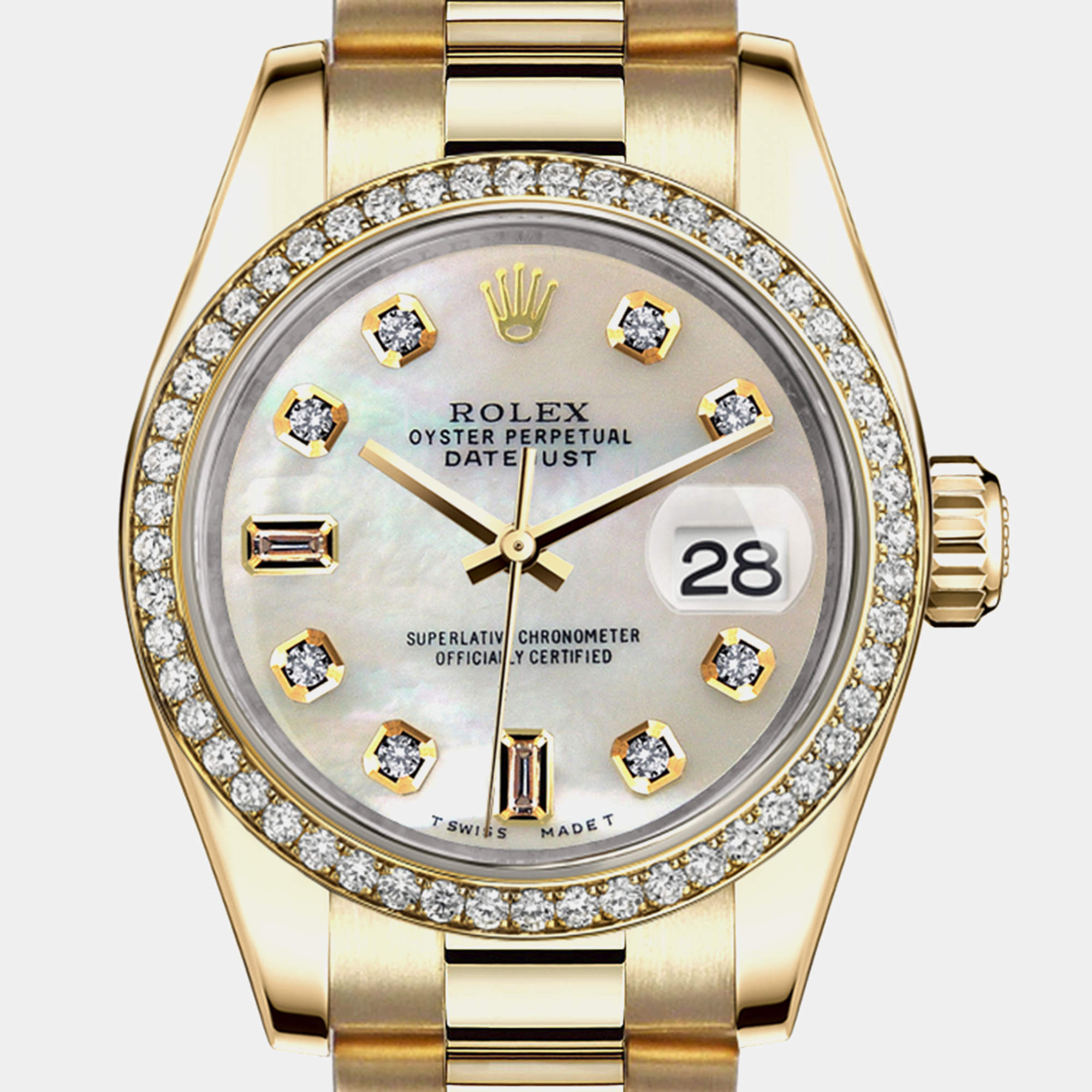 Rolex Customised White MOP Diamond Stainless Steel Date 68278 Automatic Women's Wristwatch  31mm