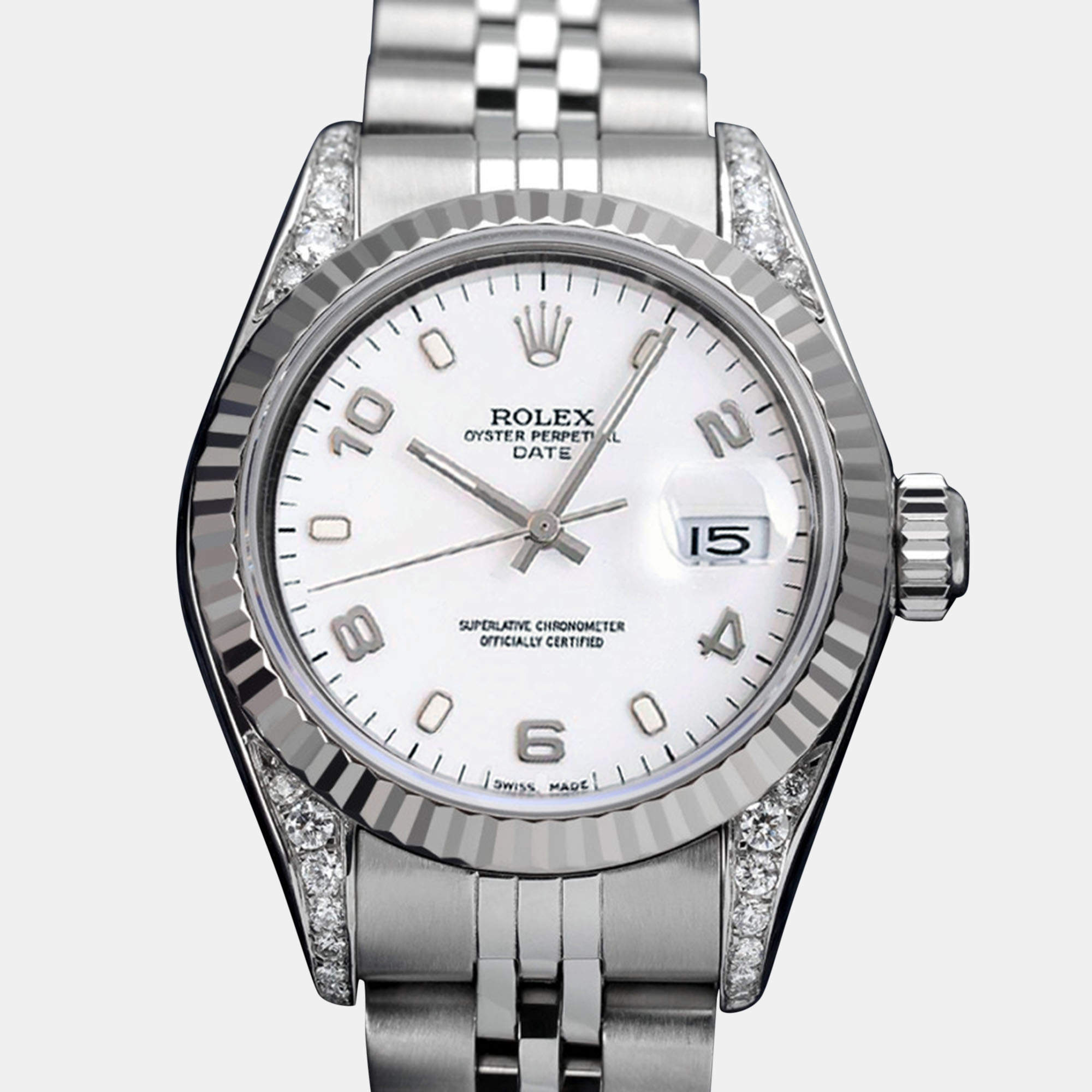 Rolex Customised White Diamond Stainless Steel Datejust 69160 Automatic Women's Wristwatch 26mm