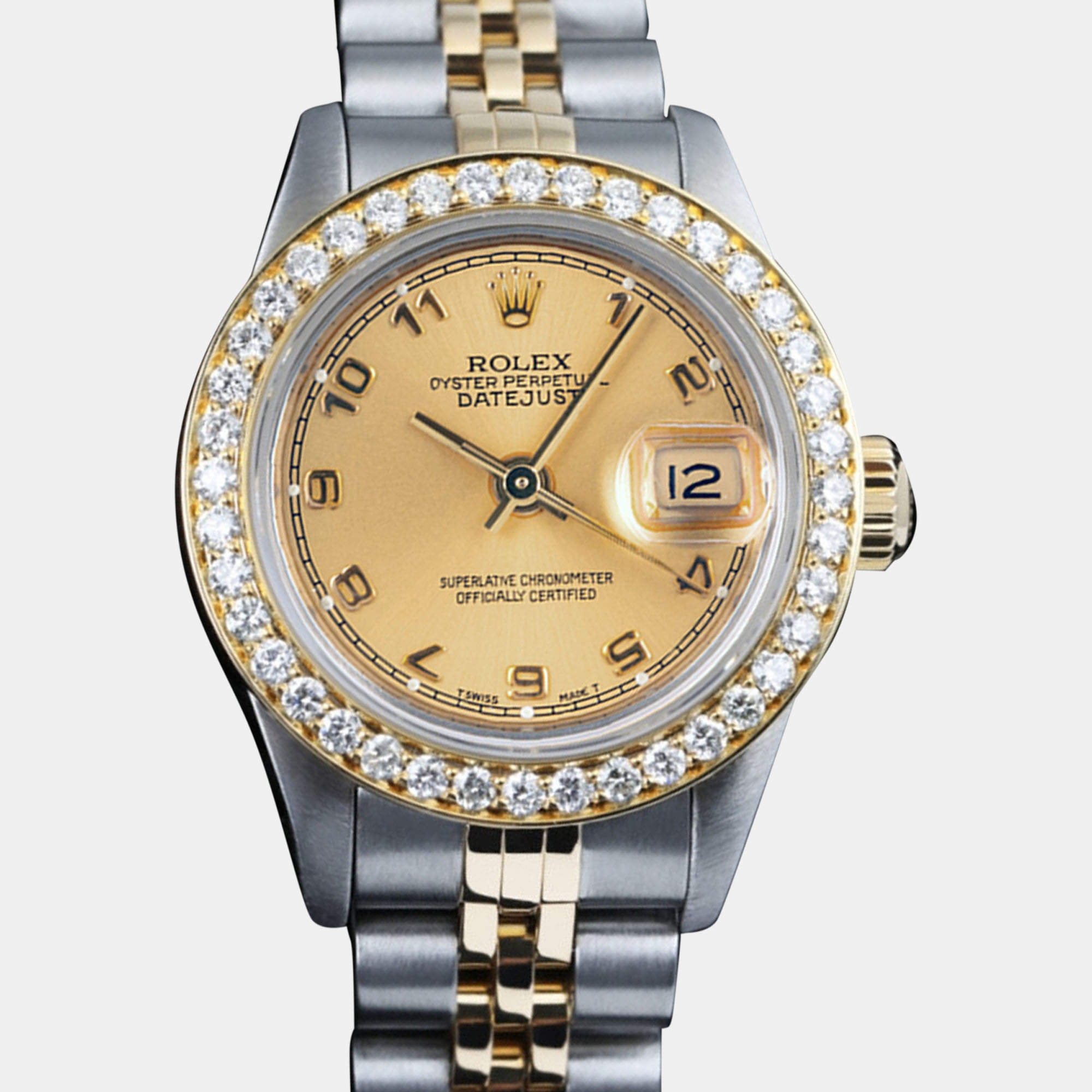 Rolex Customised Champagne Diamond 18K Yellow Gold Stainless Steel Datejust 69173 Automatic Women's Wristwatch 26mm