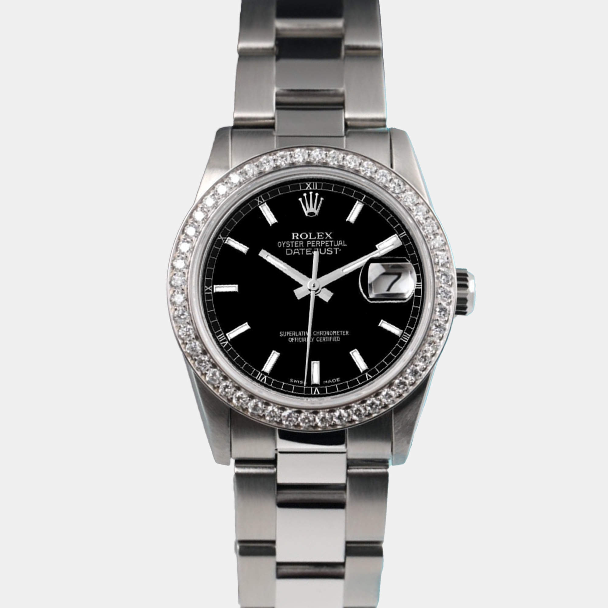 Rolex Customised Black Diamond Stainless Steel Datejust 68274 Automatic Women's Wristwatch 31mm