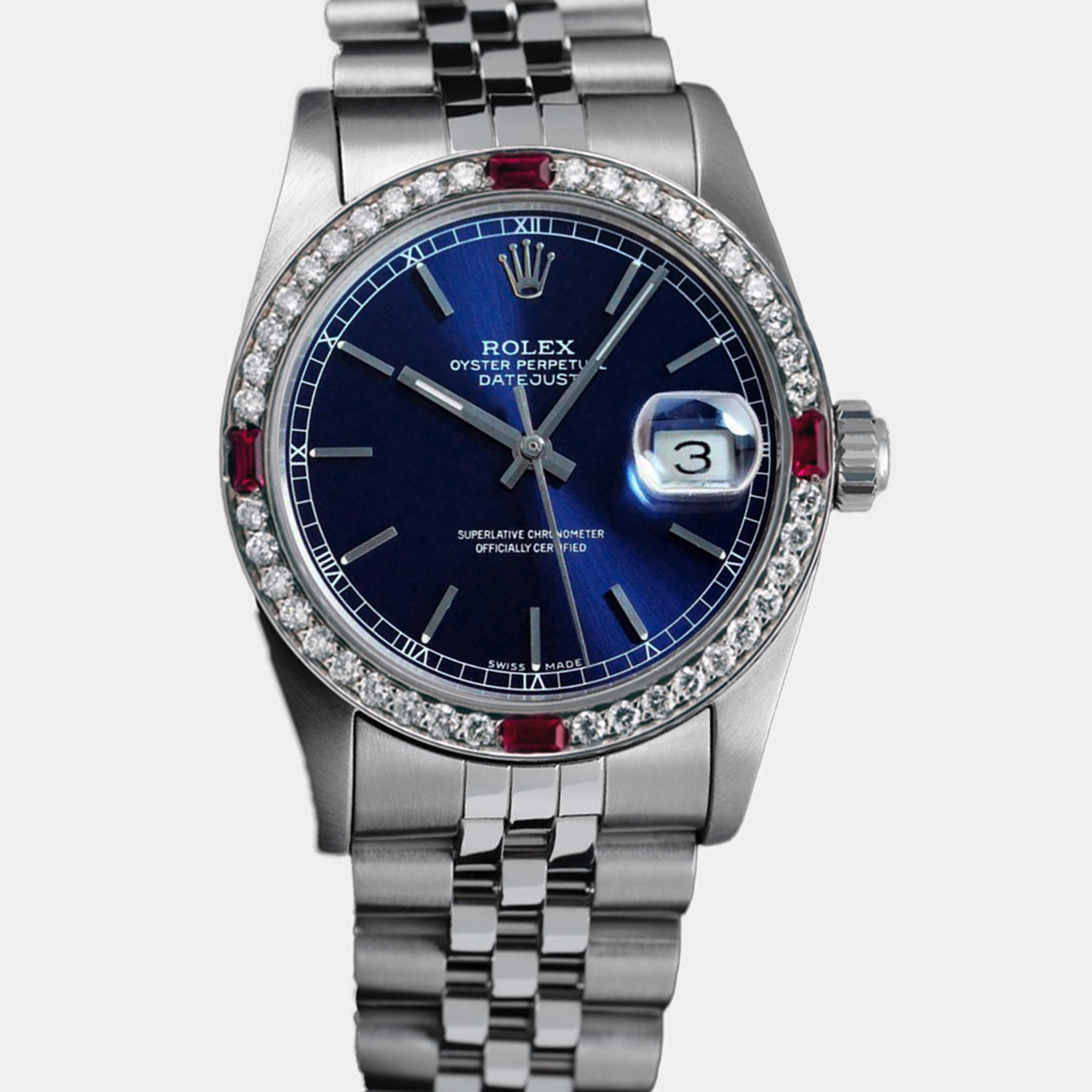 Rolex Customised Blue Diamond Stainless Steel Datejust 68274 Automatic Women's Wristwatch 31mm