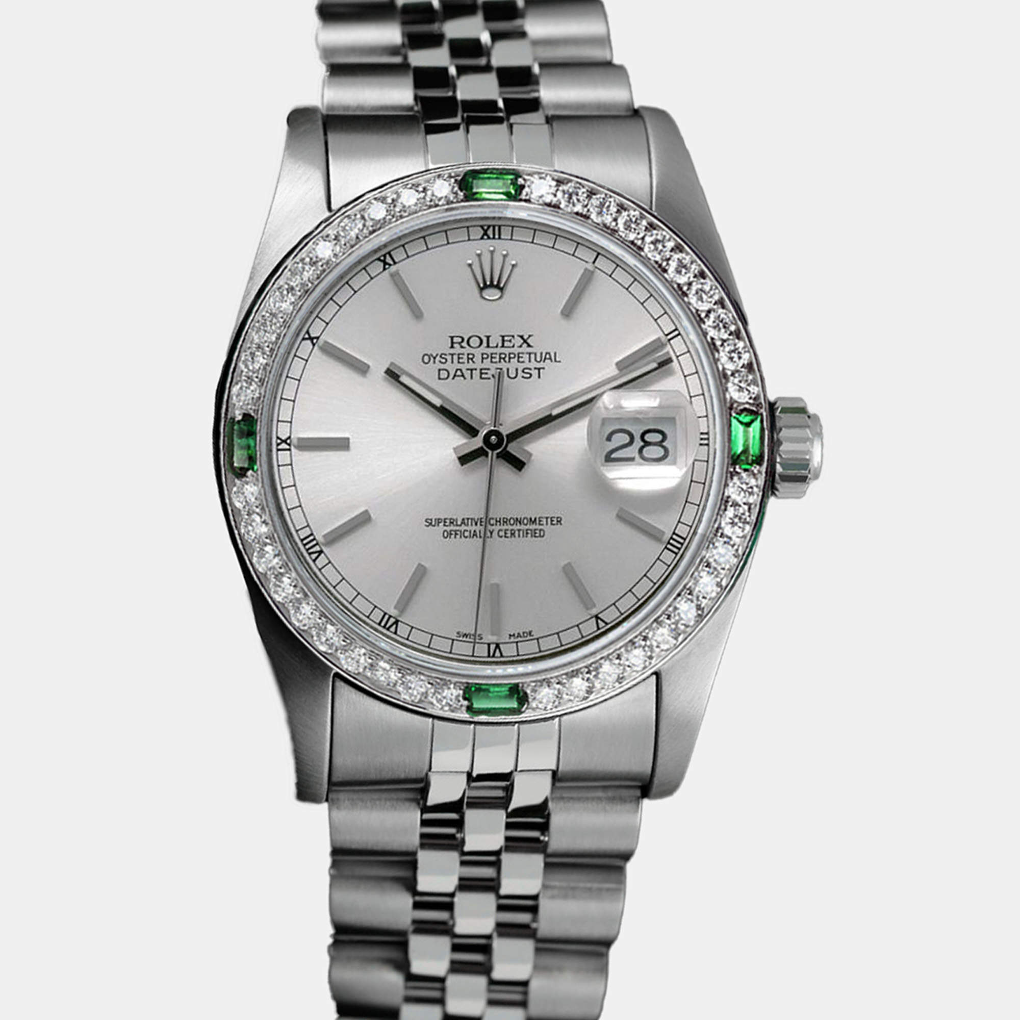 Rolex Customised Silver Diamond Stainless Steel Datejust 68274 Automatic Women's Wristwatch 31mm