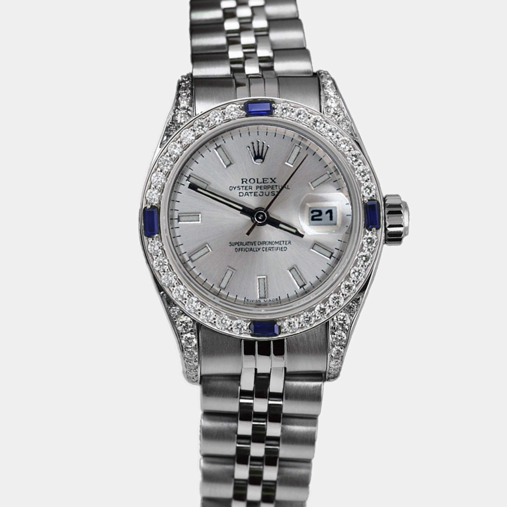 Rolex Customised Silver Diamond Stainless Steel Datejust 69174 Automatic Women's Wristwatch 26mm