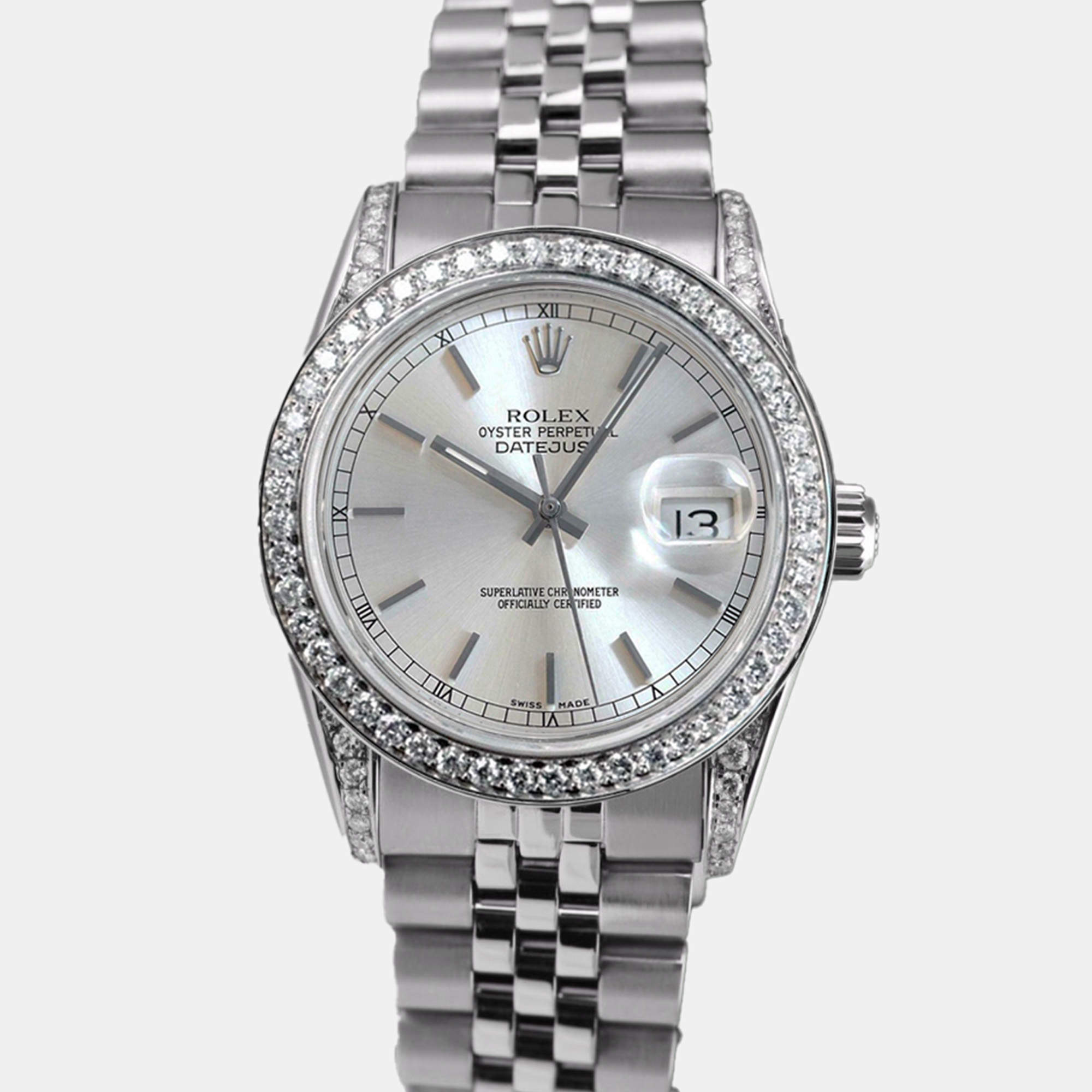Rolex Customised Silver Diamond Stainless Steel Datejust 68274 Automatic Women's Wristwatch 31mm
