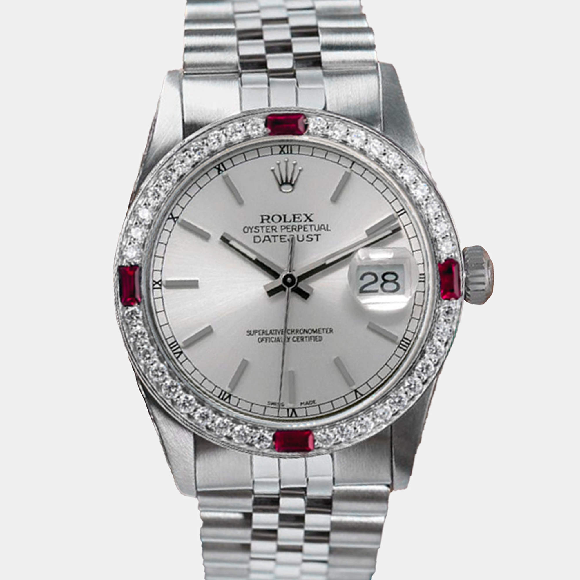 Rolex Customised Silver Diamond Stainless Steel Datejust 68274 Automatic Women's Wristwatch 31mm