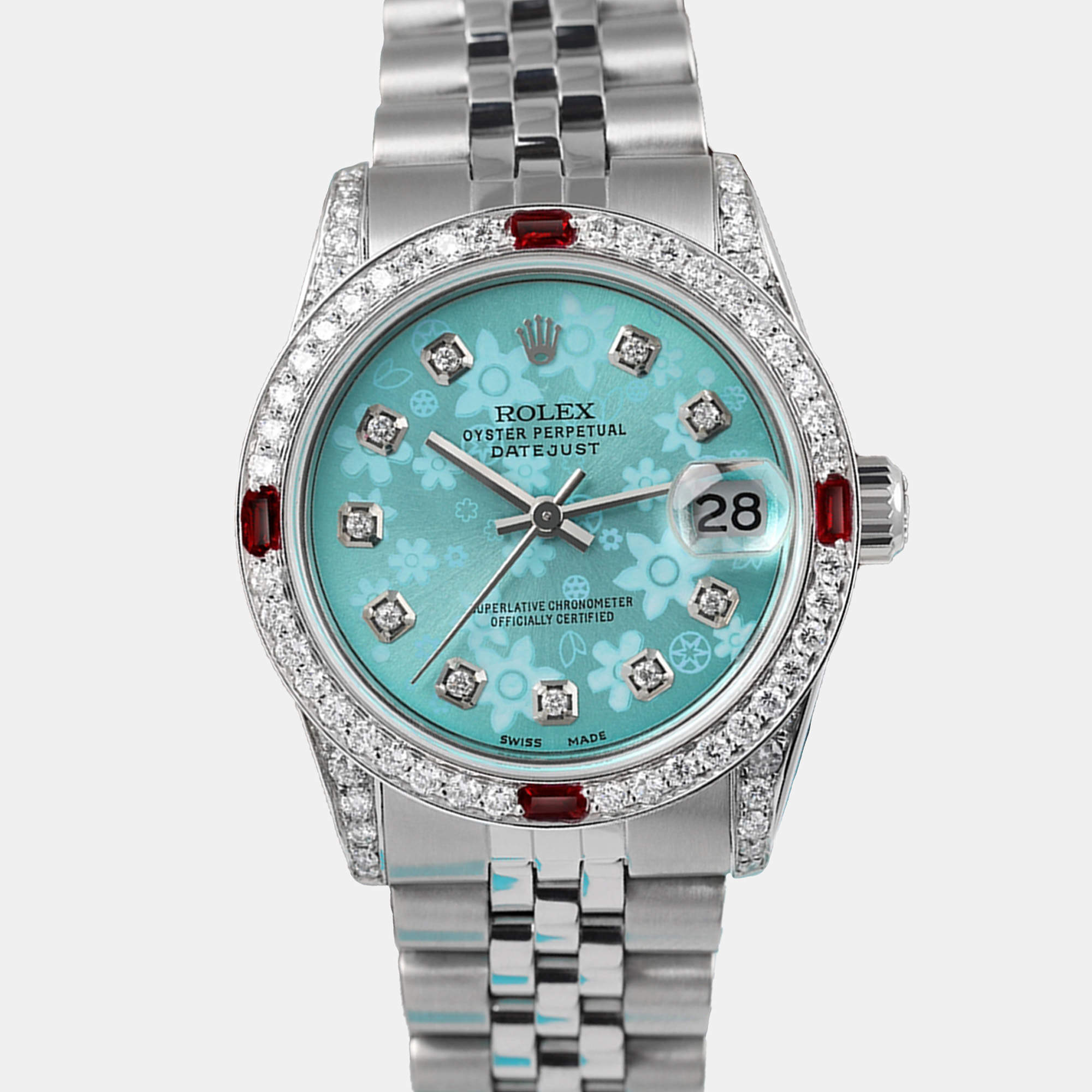 Rolex Customised Blue Flower Diamond Stainless Steel Datejust 68274 Automatic Women's Wristwatch 31mm