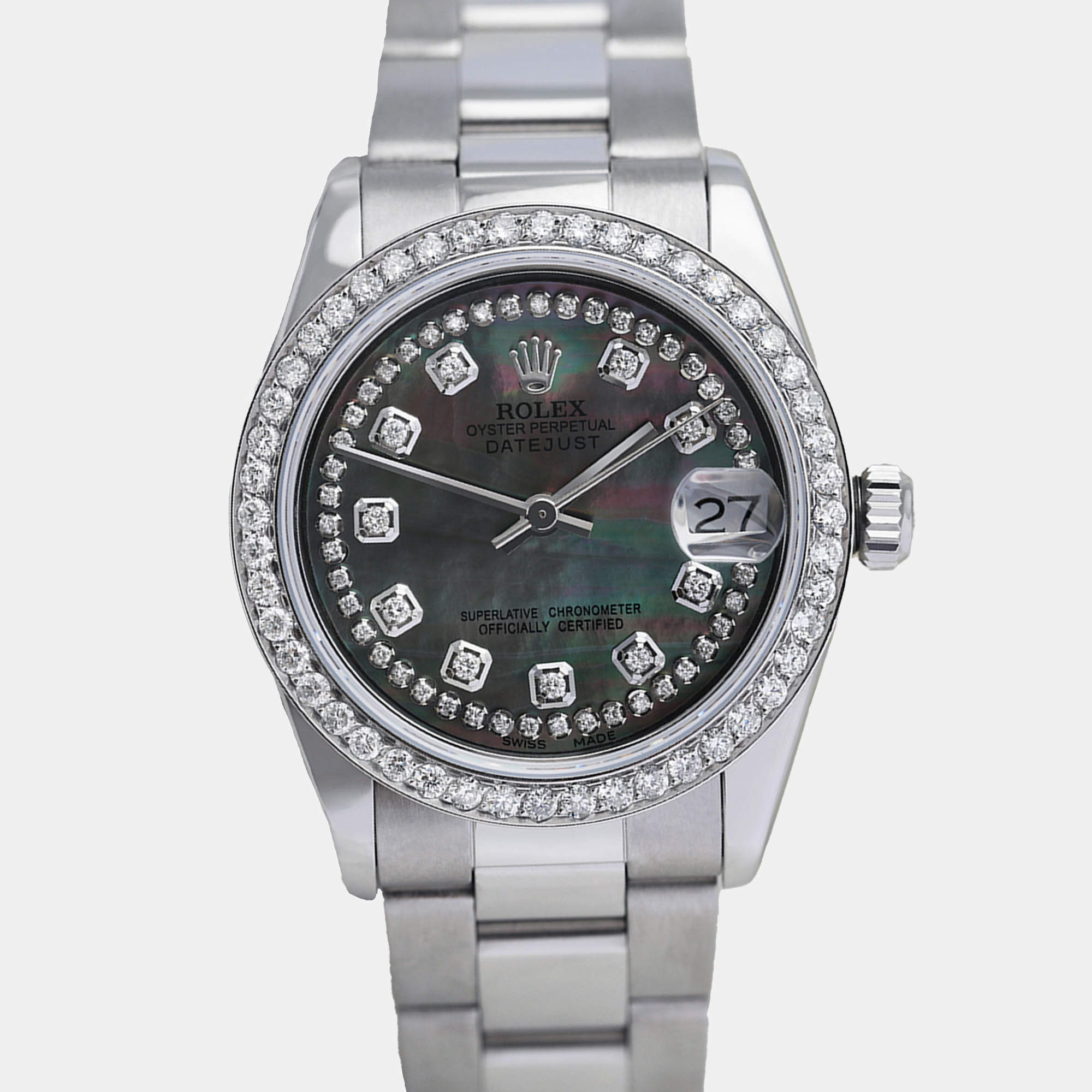 Rolex Customised Black MOP Diamond Stainless Steel Datejust 68274 Automatic Women's Wristwatch 31mm