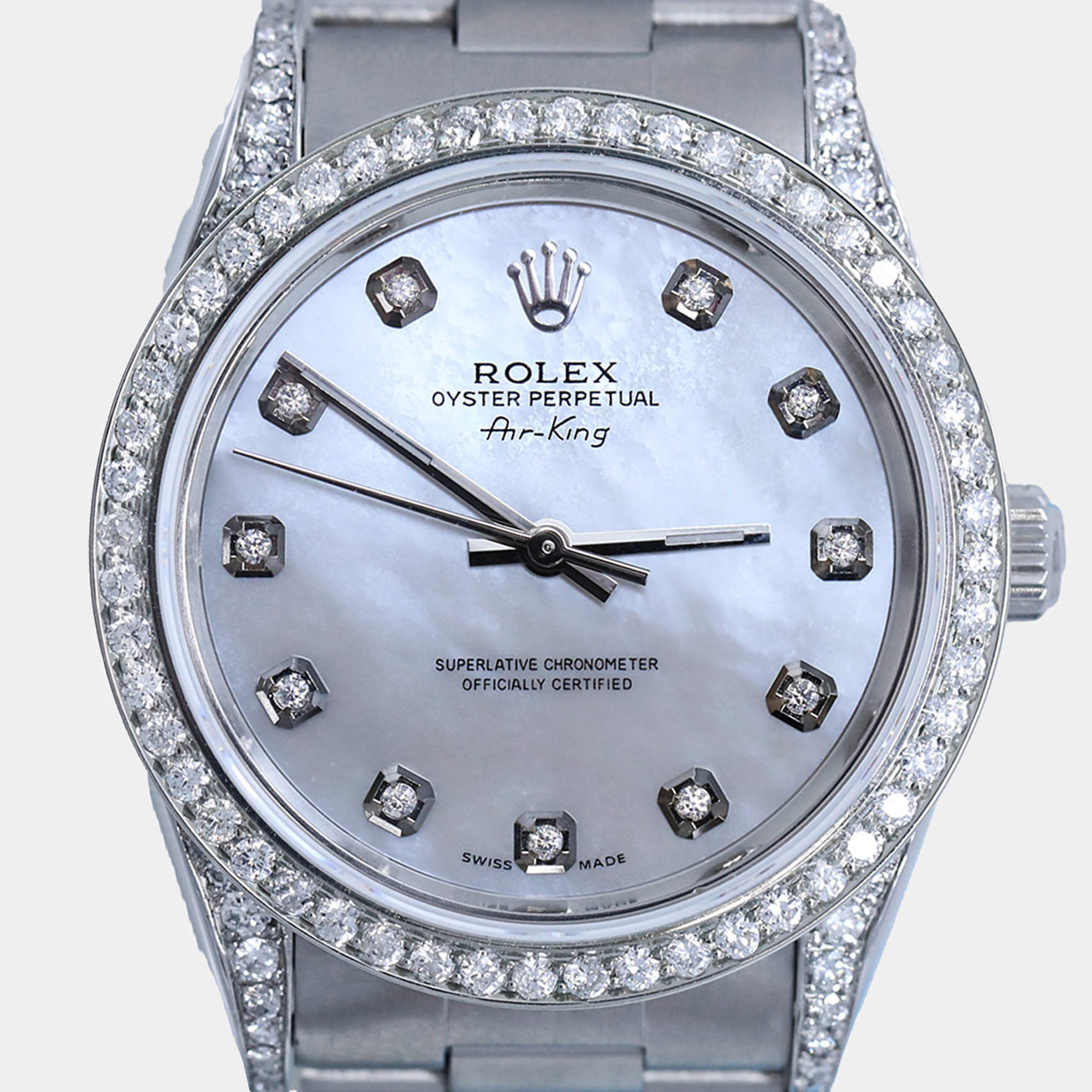 Rolex White MOP Diamond Stainless Steel Air-King 14000 Automatic Women's Wristwatch 34 mm