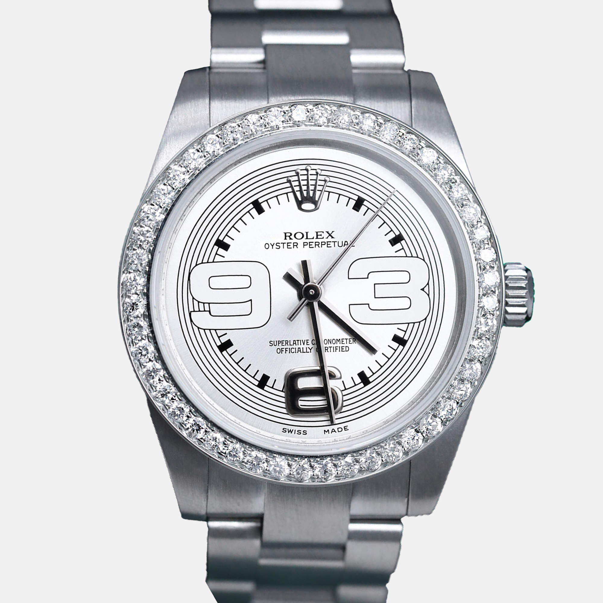 Rolex Customised Silver Diamond Stainless Steel Oyster Perpetual 177200 Automatic Women's Wristwatch 31mm