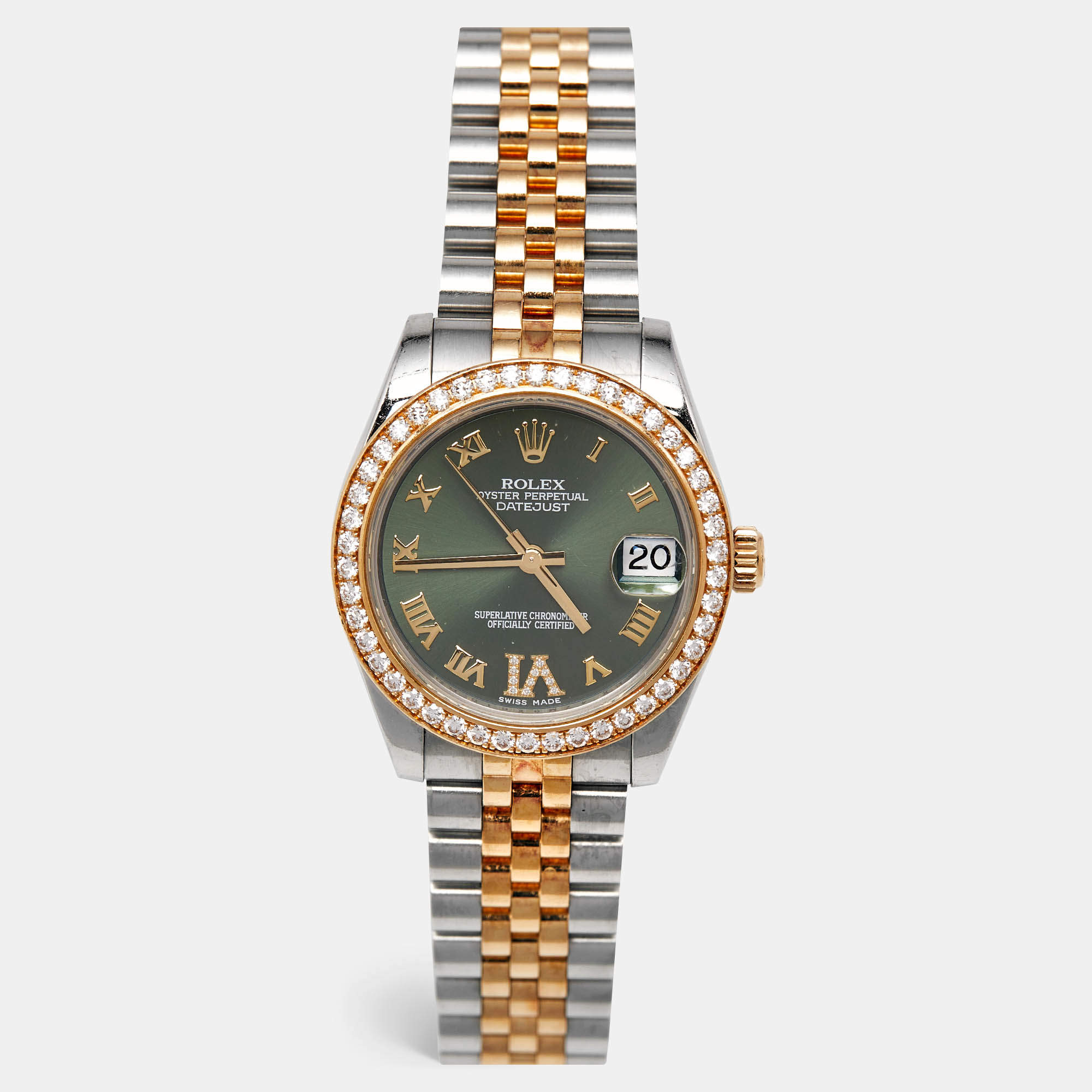 Rolex Olive Green 18K Yellow Gold Stainless Steel Diamond Datejust 178383 Women's Wristwatch 31 mm