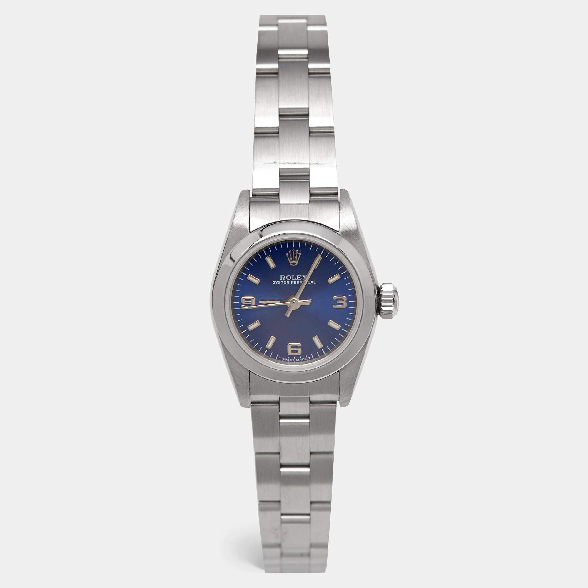 مملوكة مسبقًا Rolex Blue Stainless Steel Oyster Perpetual 67180 Women's Wristwatch 24 mm