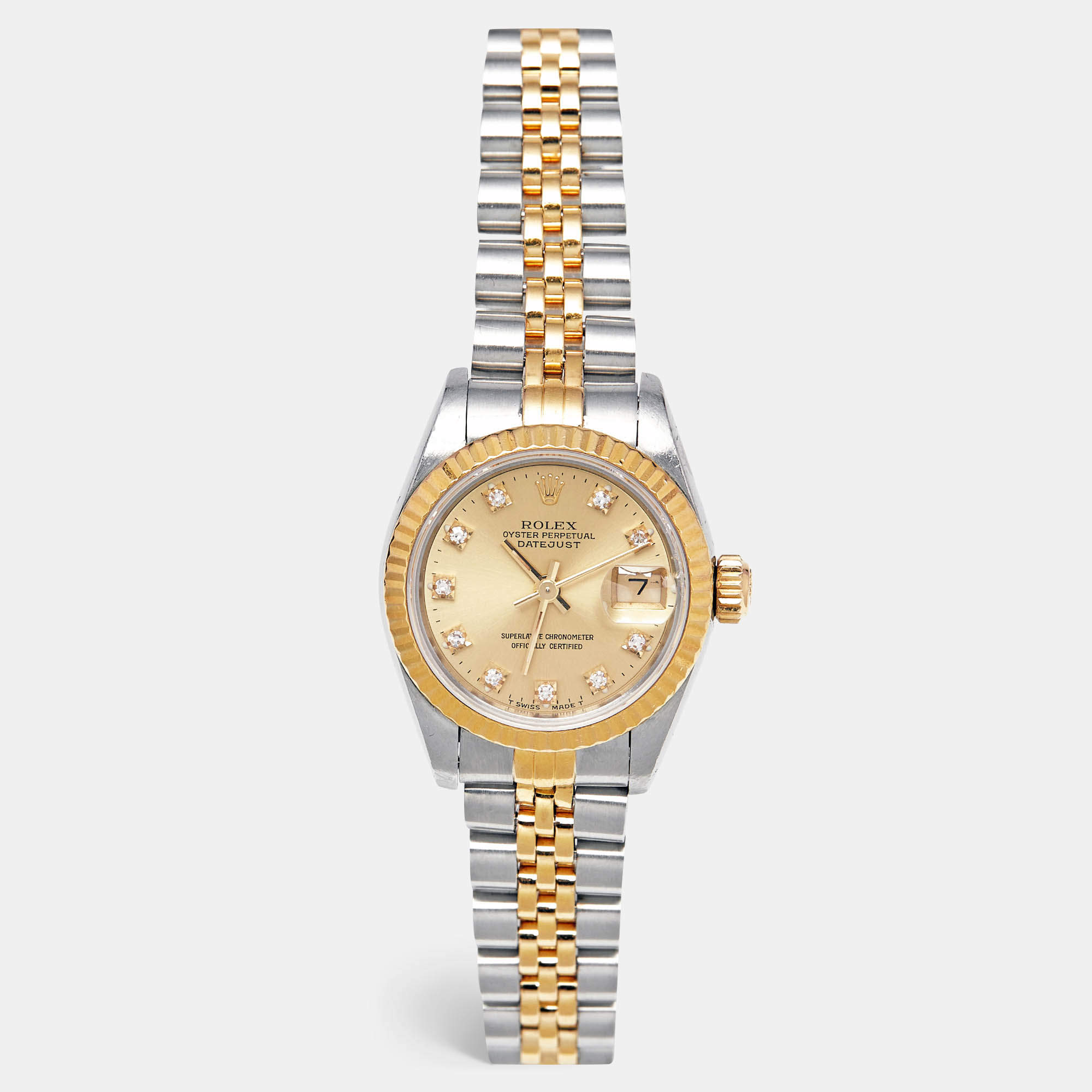 Pre Owned Rolex Champagne Diamond 18k Yellow Gold Stainless Steel Datejust 69173 Women's Wristwatch 26 mm