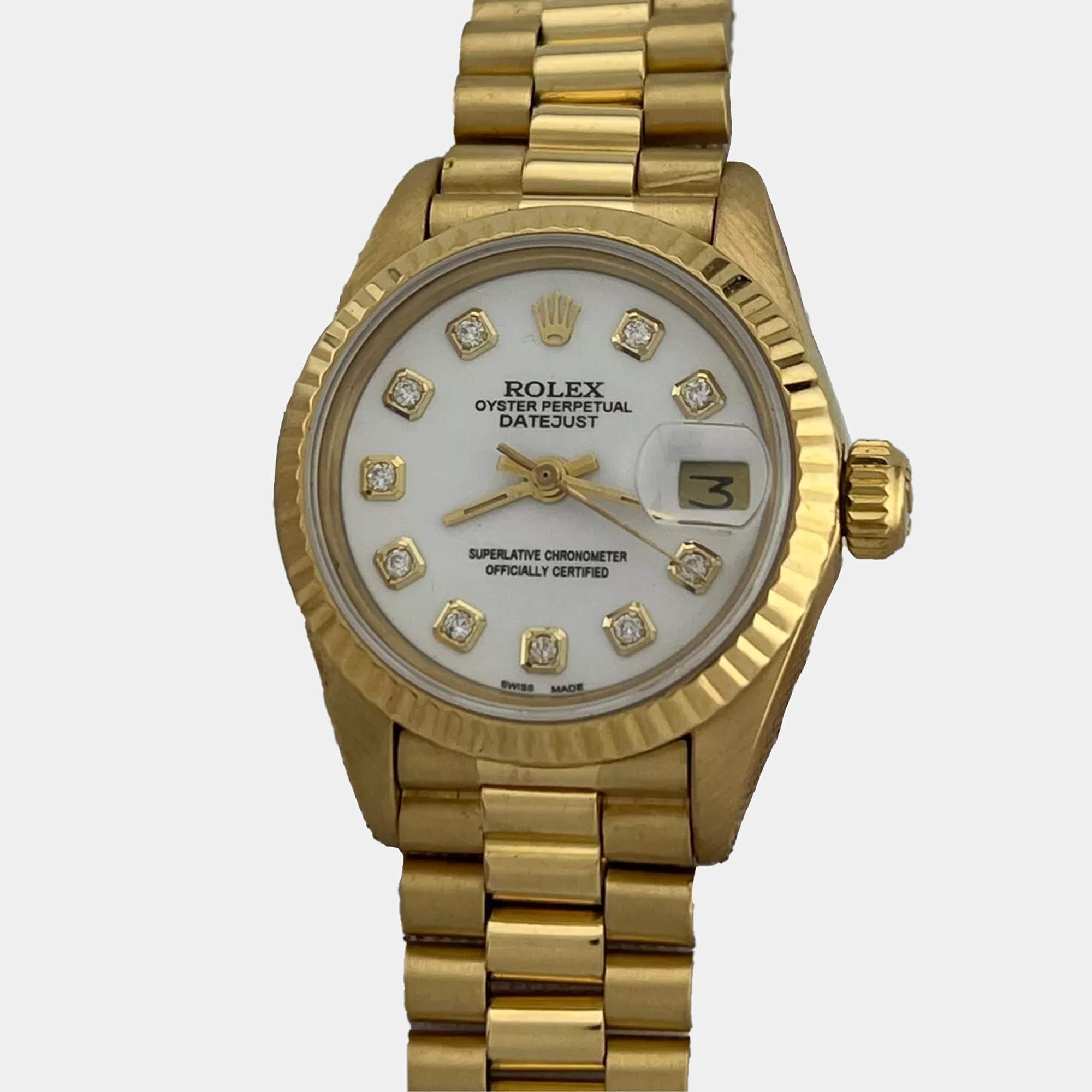Rolex White Diamond 18k Yellow Gold President Datejust 6917 Automatic Women's Wristwatch 26 mm