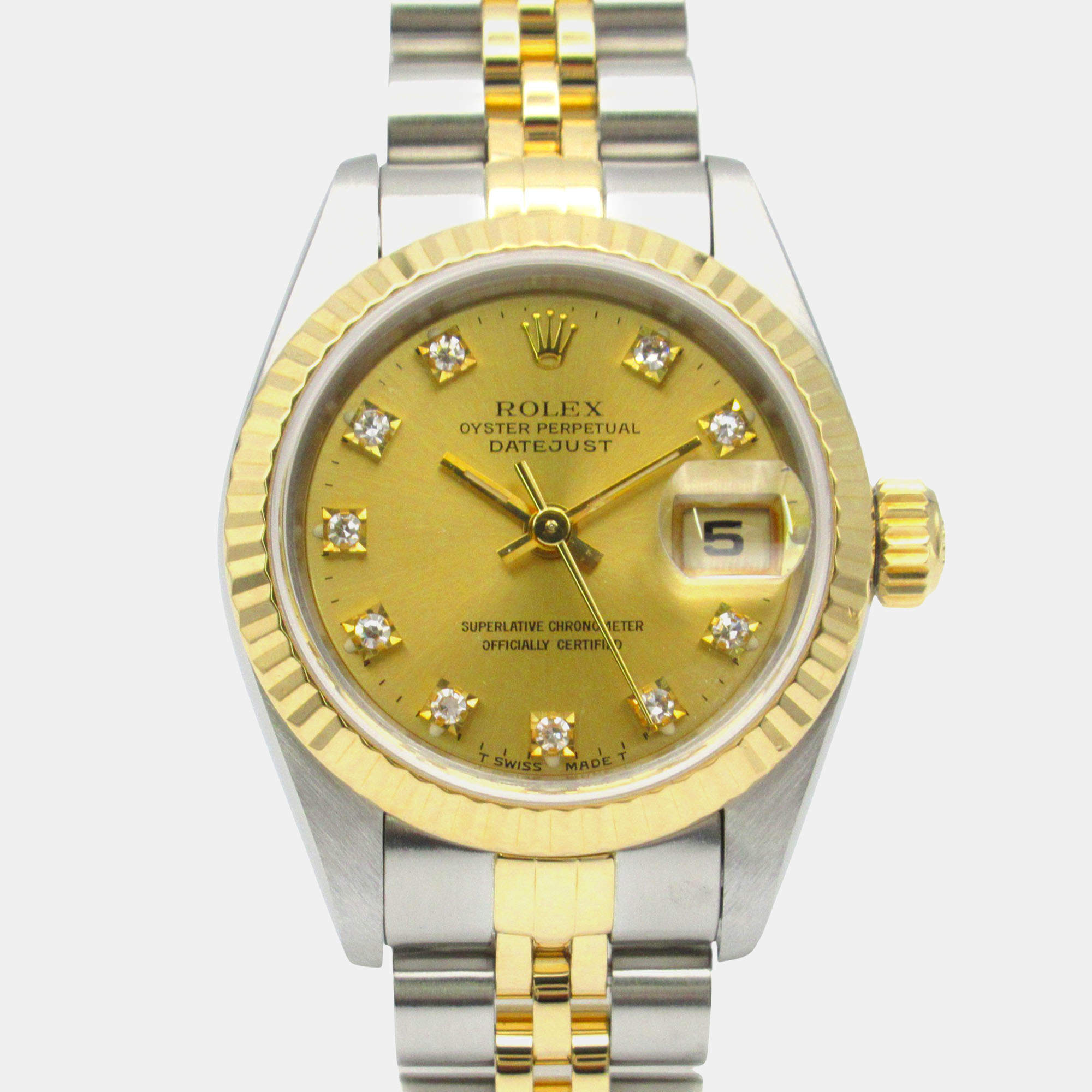Rolex Champagne Diamond 18k Yellow Gold Stainless Steel Datejust 69173 Automatic Women's Wristwatch 26 mm