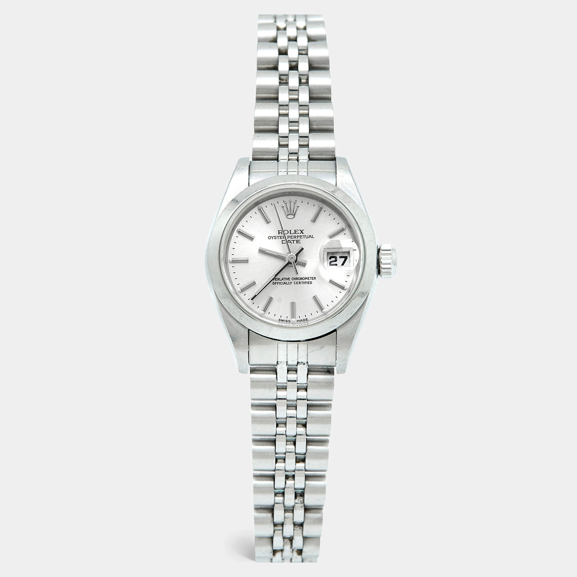 Pre Owned Rolex Silver Dial 18K White Gold Stainless Steel Oyster Perpetual Date 79160 Women's Wristwatch 26 mm