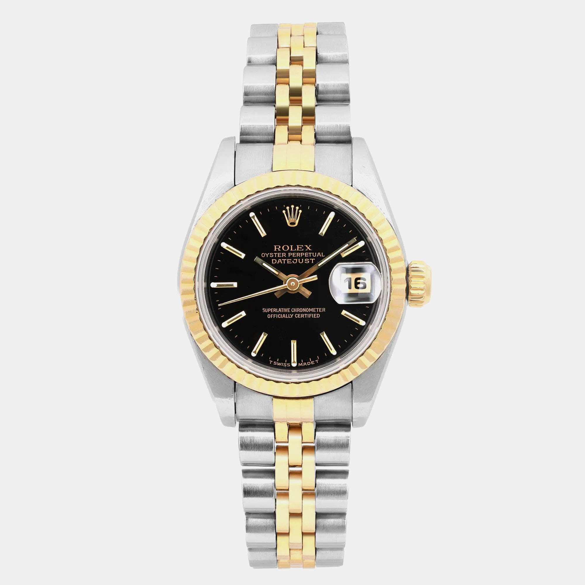 Rolex Black 18k Yellow Gold Stainless Steel Datejust 69173 Automatic Women's Wristwatch 26 mm