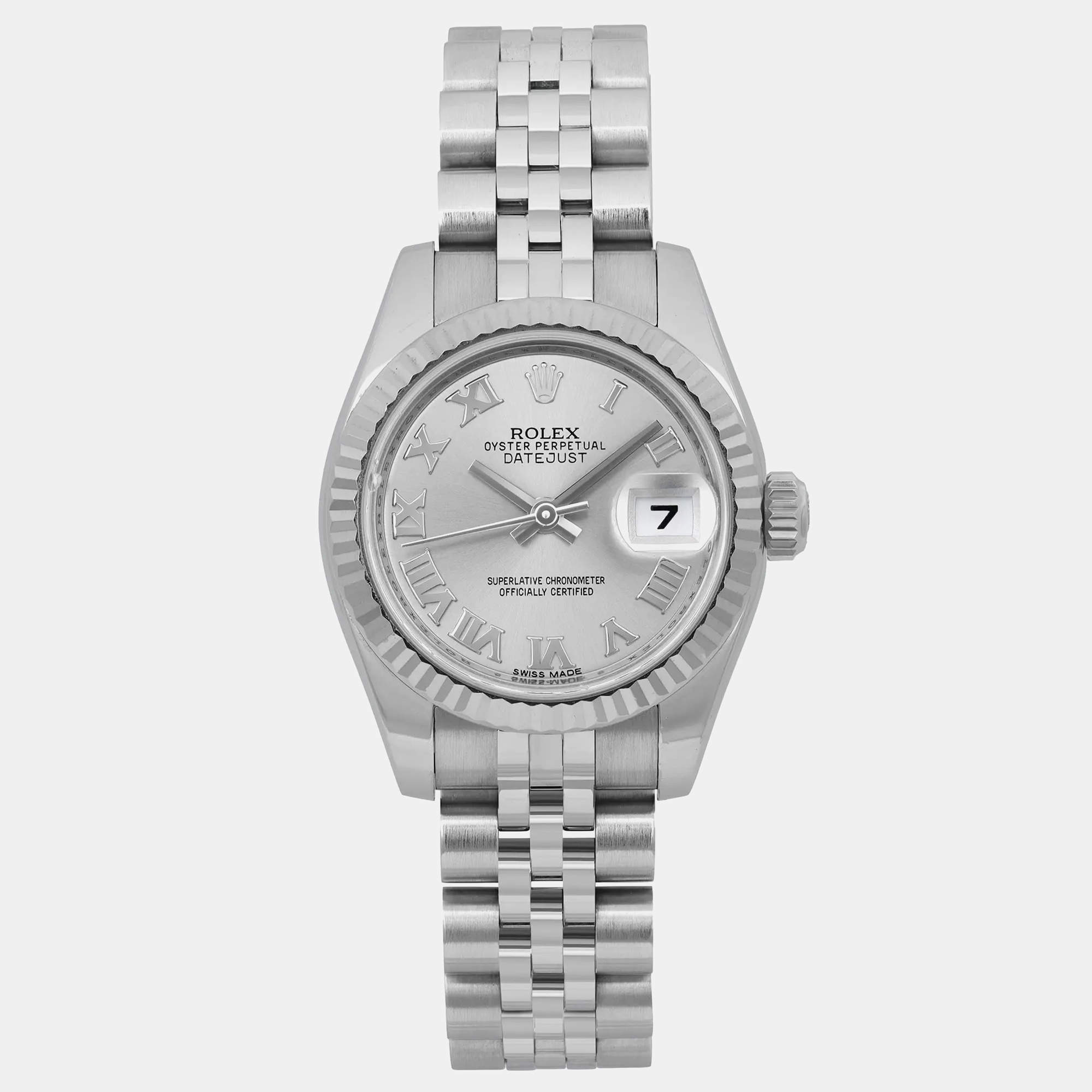 Rolex Silver 18k White Gold Stainless Steel Datejust 179174 Automatic Women's Wristwatch 26 mm