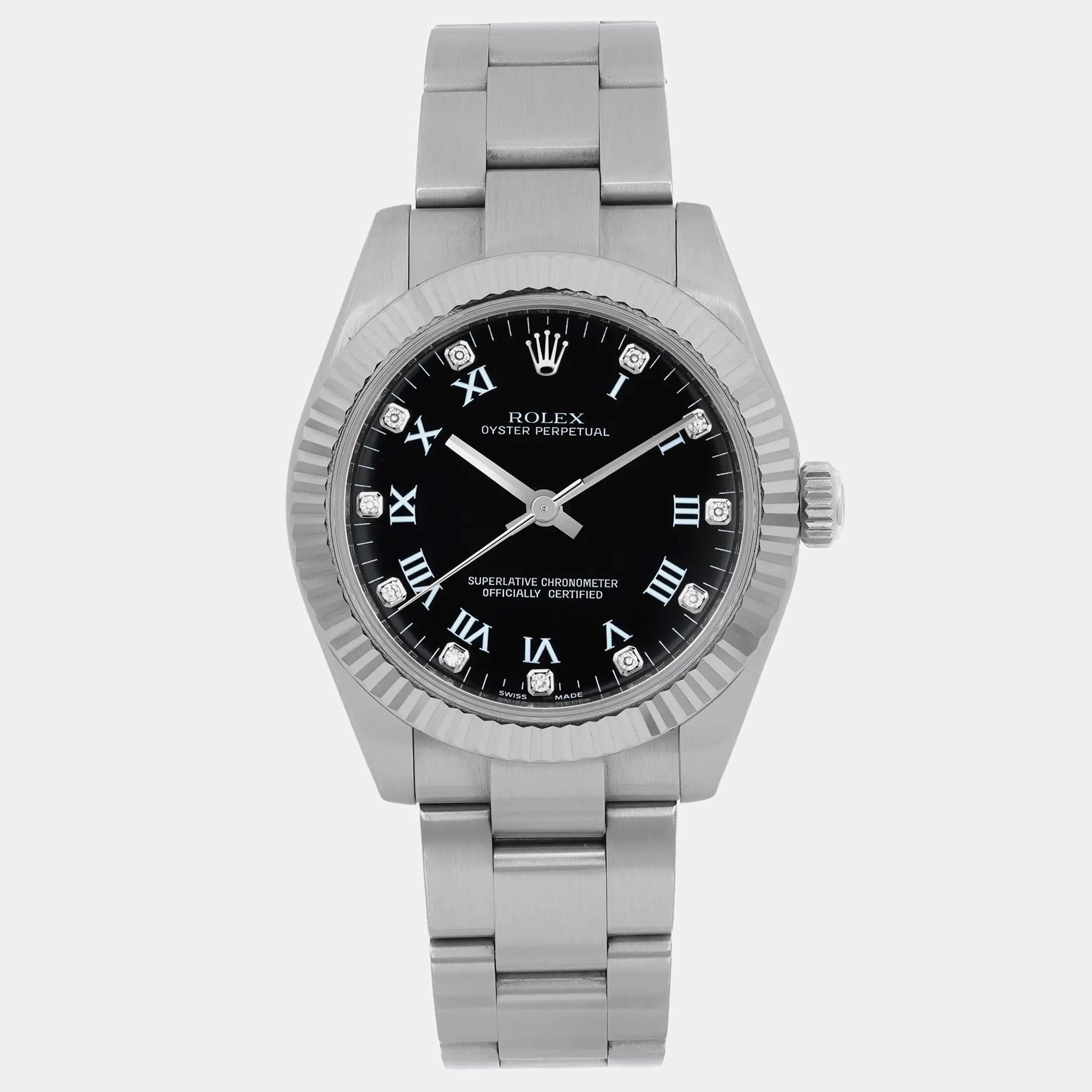 Rolex Black Diamond 18k White Gold Stainless Steel Oyster Perpetual 177234 Automatic Women's Wristwatch 31 mm