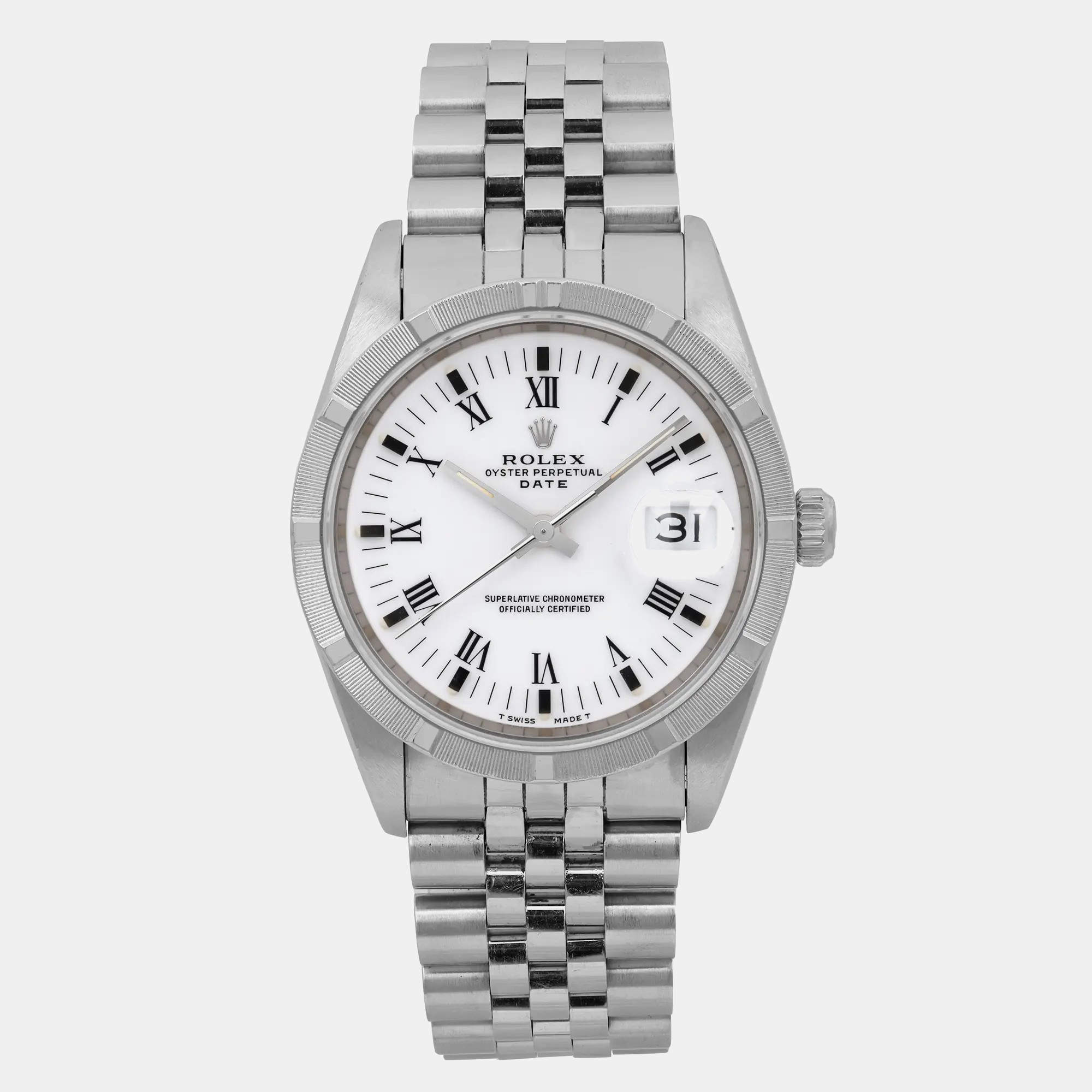 Rolex White Stainless Steel Oyster Perpetual Date 15210 Automatic Women's Wristwatch 34 mm