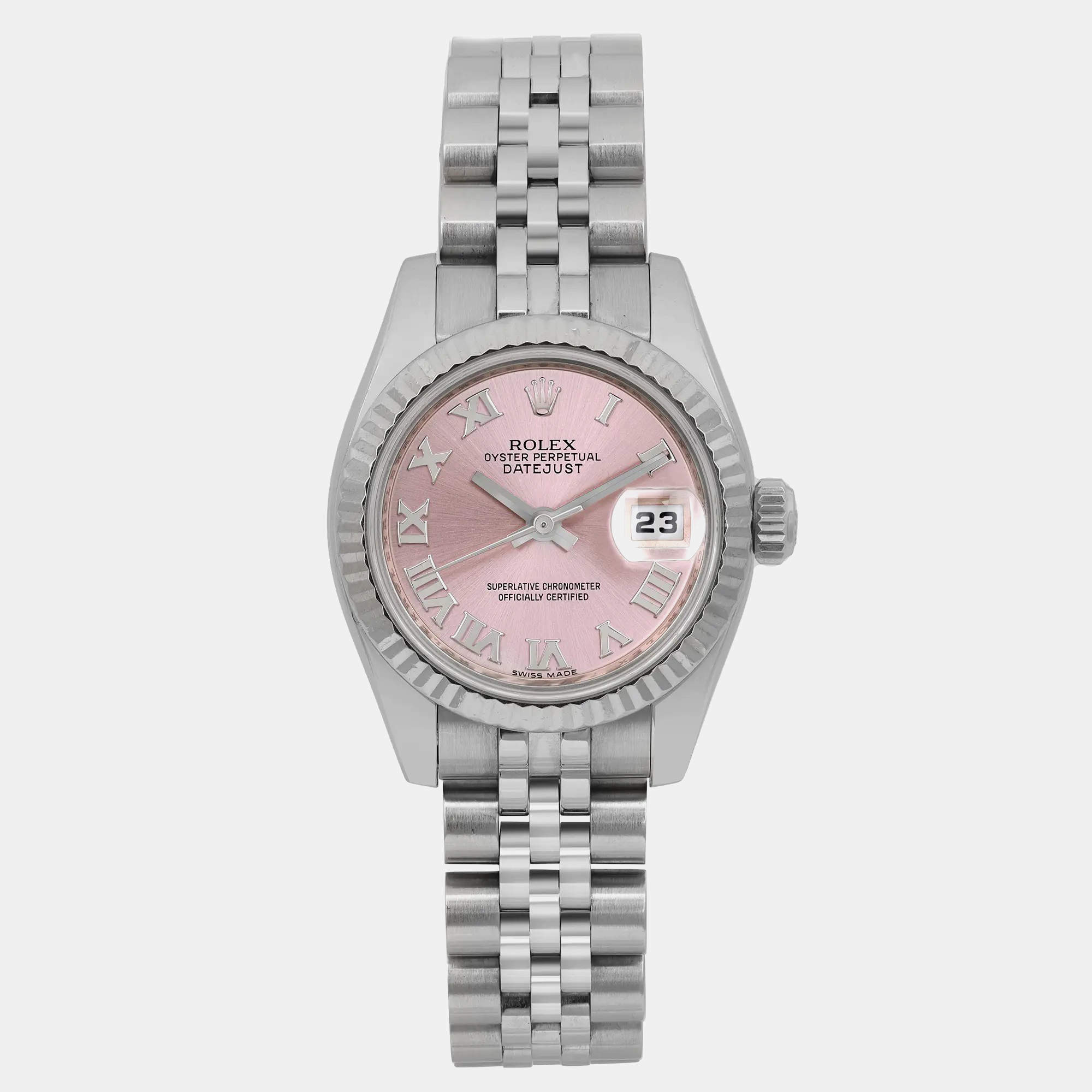 Rolex Pink 18k White Gold Stainless Steel Datejust 179174 Automatic Women's Wristwatch 26 mm