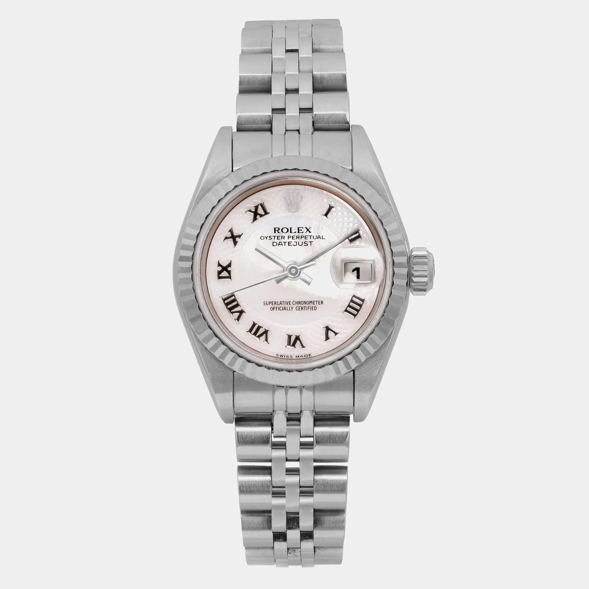 Rolex MOP 18K White Gold Stainless Steel Datejust 79174 Automatic Women's Wristwatch 26 mm
