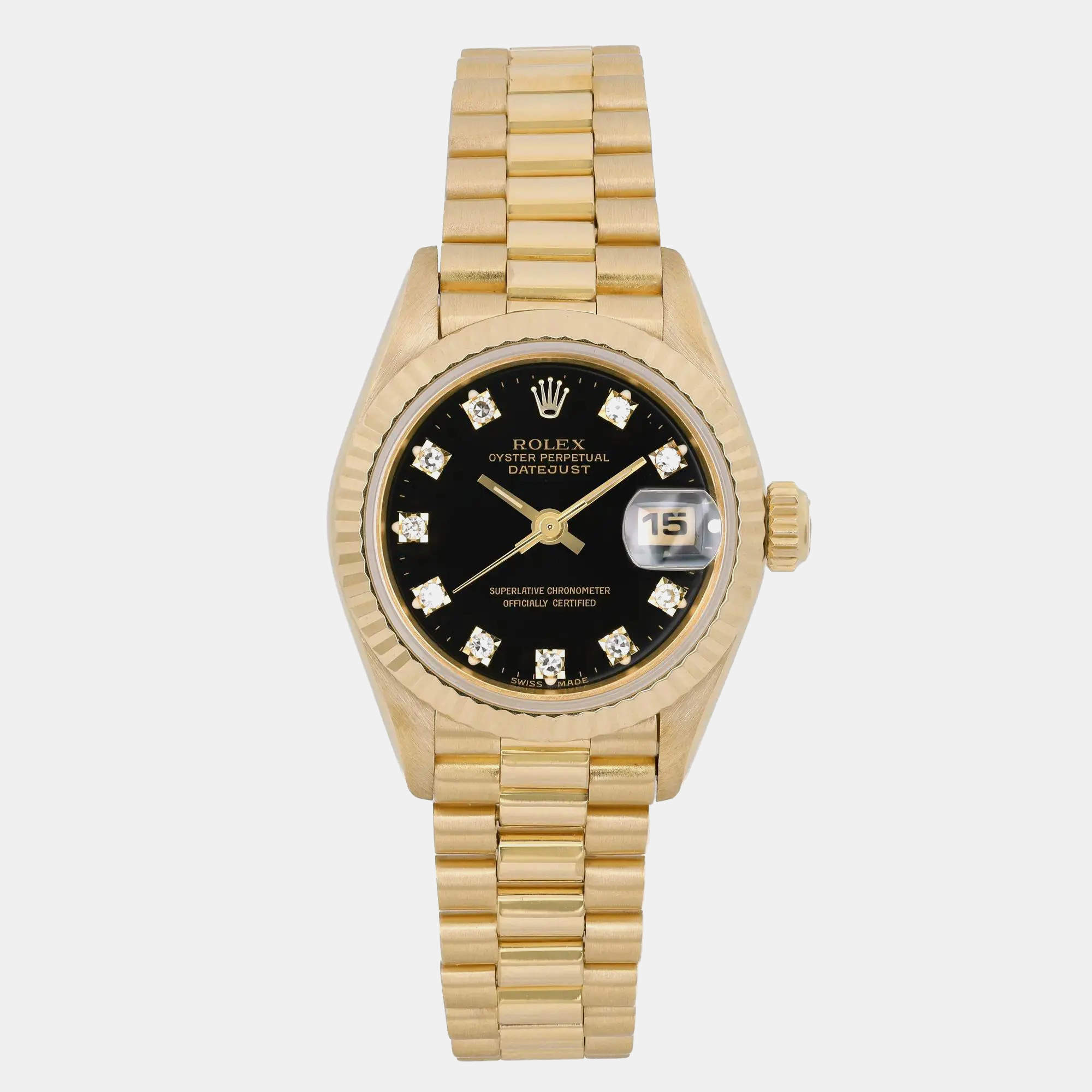Rolex Black 18k Yellow Gold Diamond Datejust 69178 Automatic Women's Wristwatch 26 mm