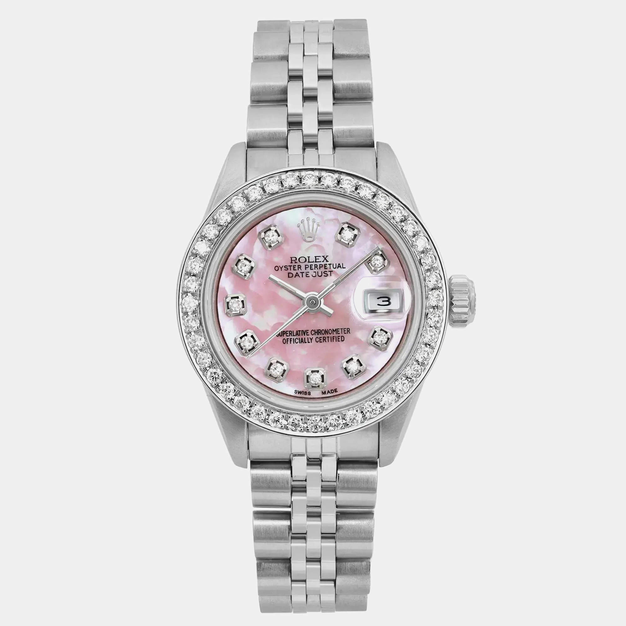 Rolex Customised Pink MOP Diamond Stainless Steel Datejust 69174 Automatic Women's Wristwatch 26 mm