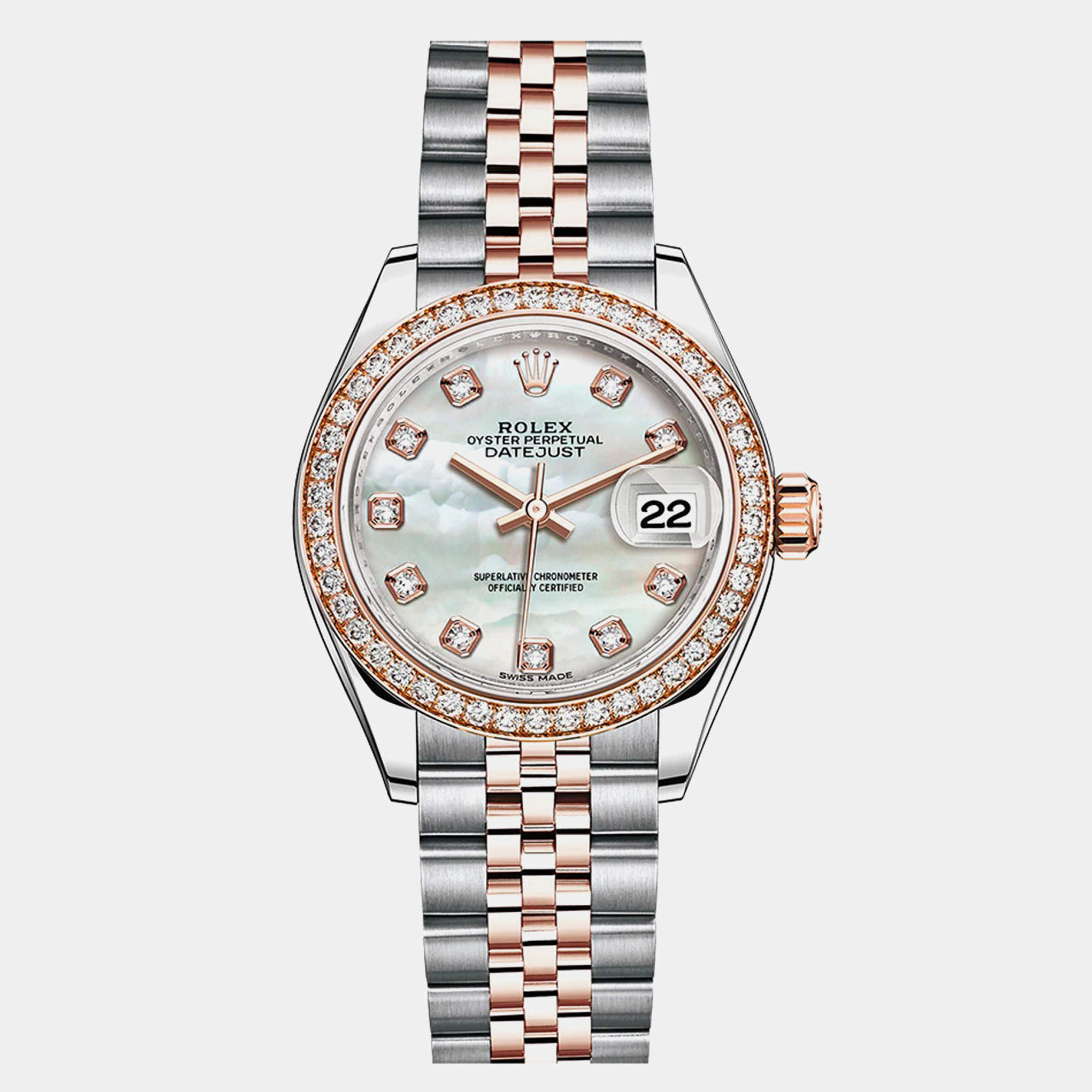 Rolex White 18K Rose Gold Stainless Steel Datejust 279381RBR Automatic Women's Wristwatch 28mm