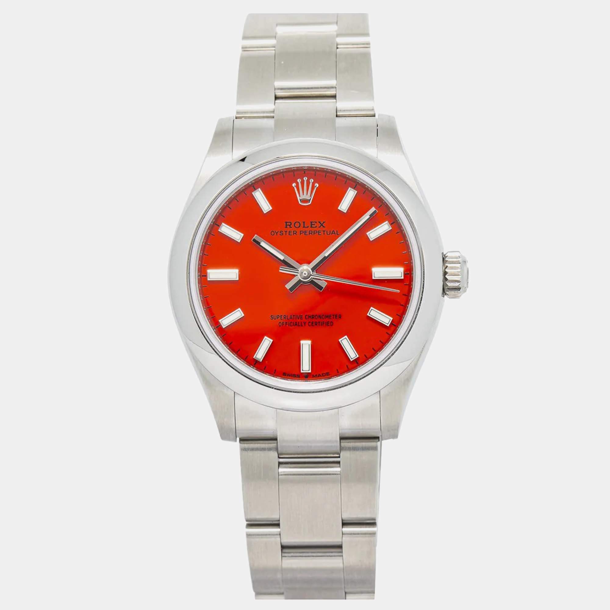 Rolex Oyster Perpetual 277200 Red Stainless Steel Automatic Women's Wristwatch 31 mm