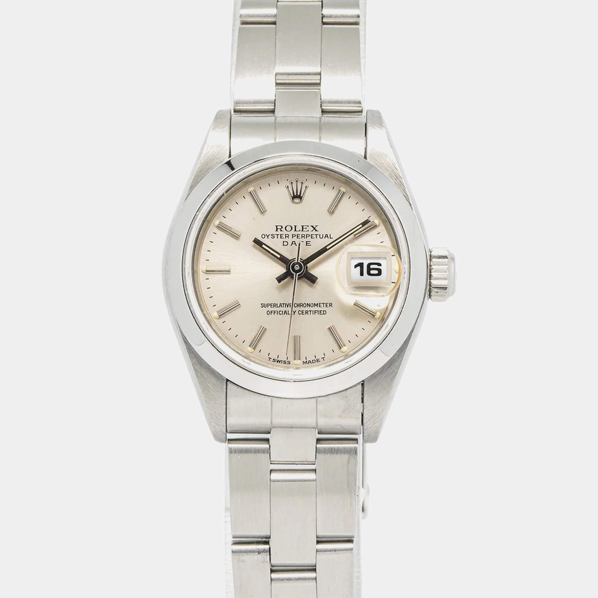 Rolex Oyster Perpetual Date 69160 Silver Stainless Steel Automatic Women's Wristwatch 25 mm