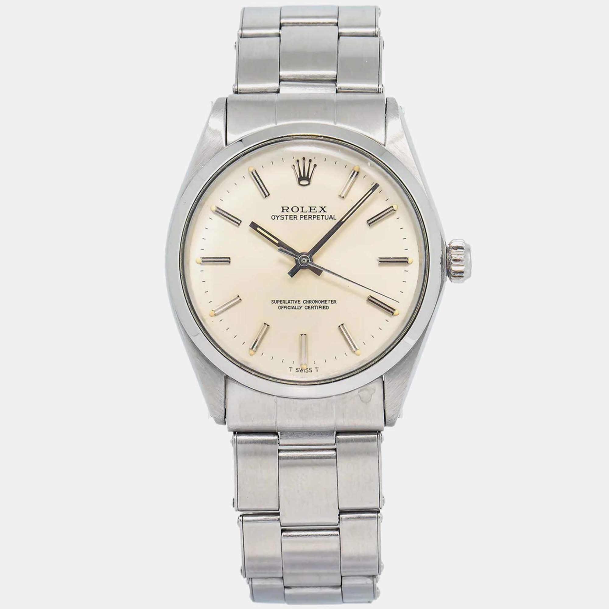 Rolex Oyster Perpetual 1002 Automatic Cream Stainless Steel Women's Wristwatch 34mm