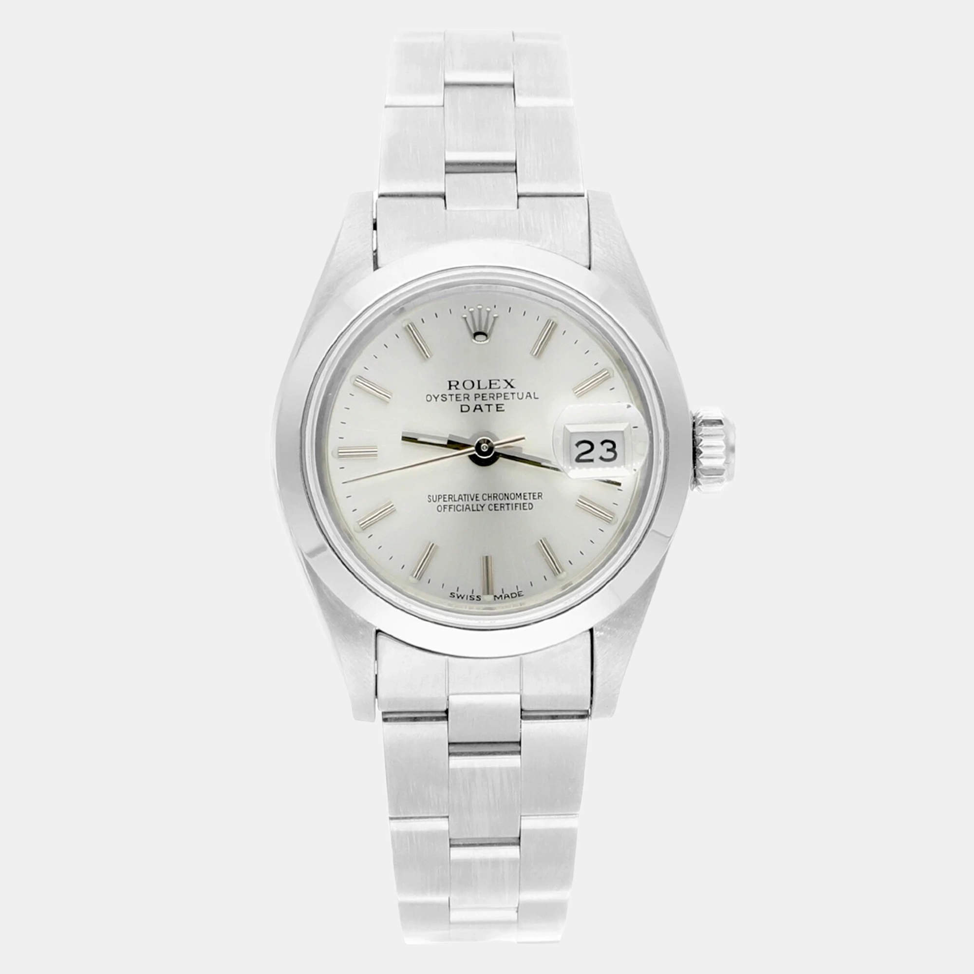 Pre Owned Rolex Oyster Perpetual Date 69160 Automatic Silver Stainless Steel Women's Wristwatch 26 mm